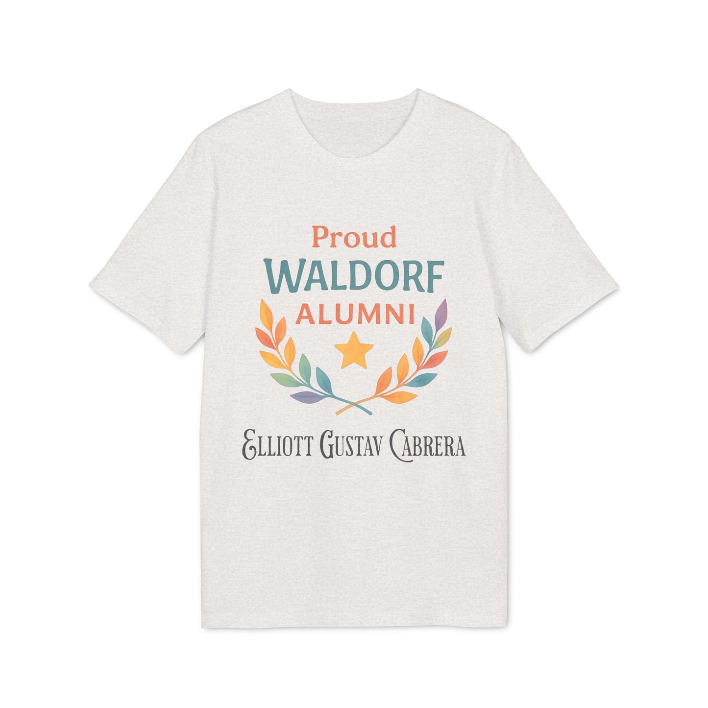 Alt Tag: Proud Waldorf Alumni Light Colors camiseta unisex crema con laurel multicolor y estrella, texto “Proud Waldorf Alumni”