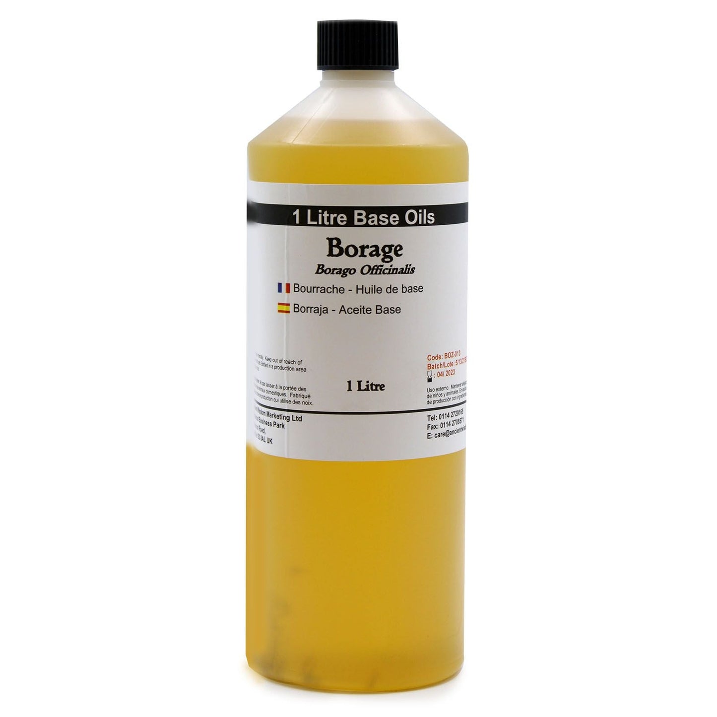 Pure Borage Oil – 1 Litre bottle of borage (Borago officinalis) base oil, 1 litre size, yellow oil with black cap