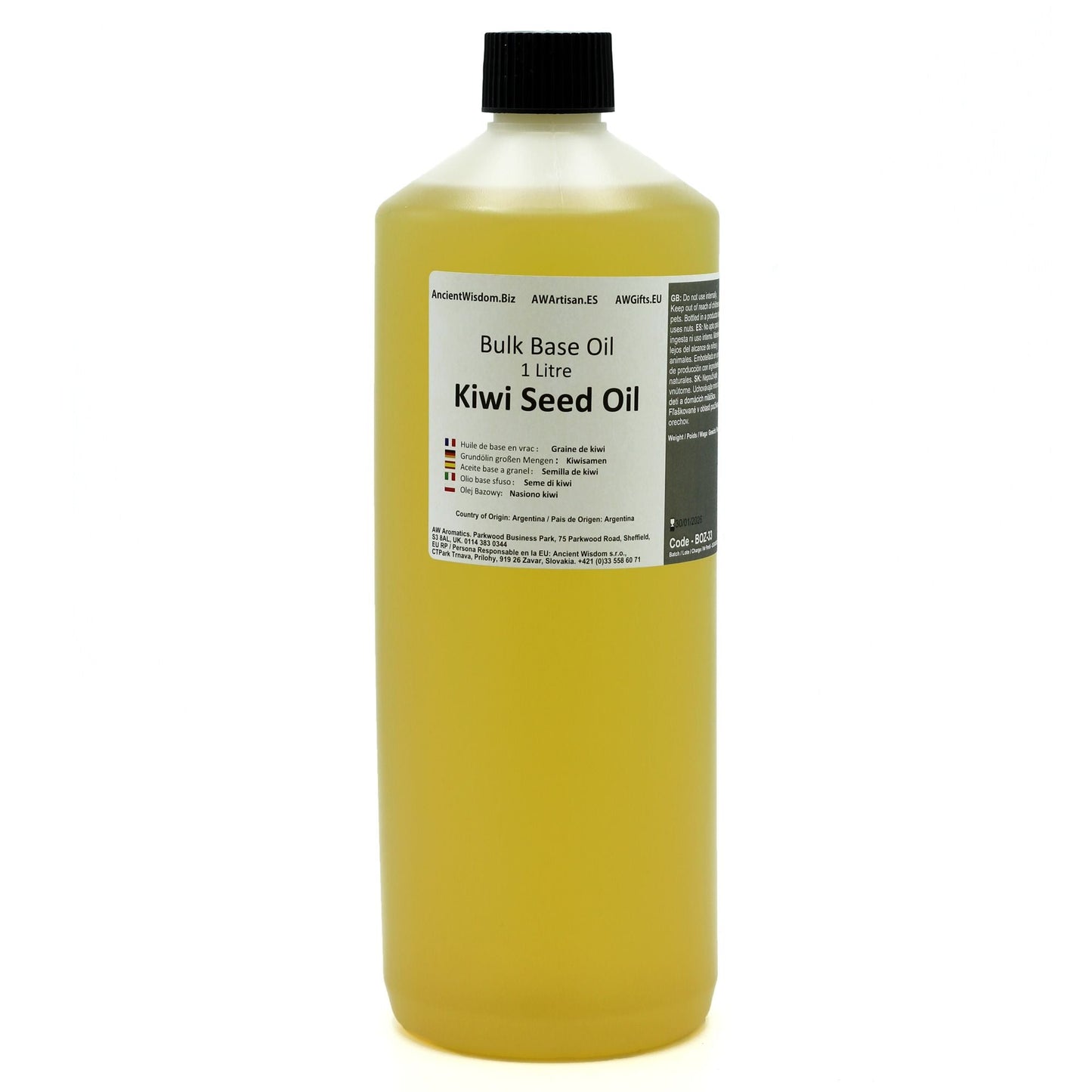 Alt Tag: Pure Kiwi Seed Oil – 1 Litre en botella de 1 litro con tapa negra, aceite base a granel para cuidado de piel y cabello