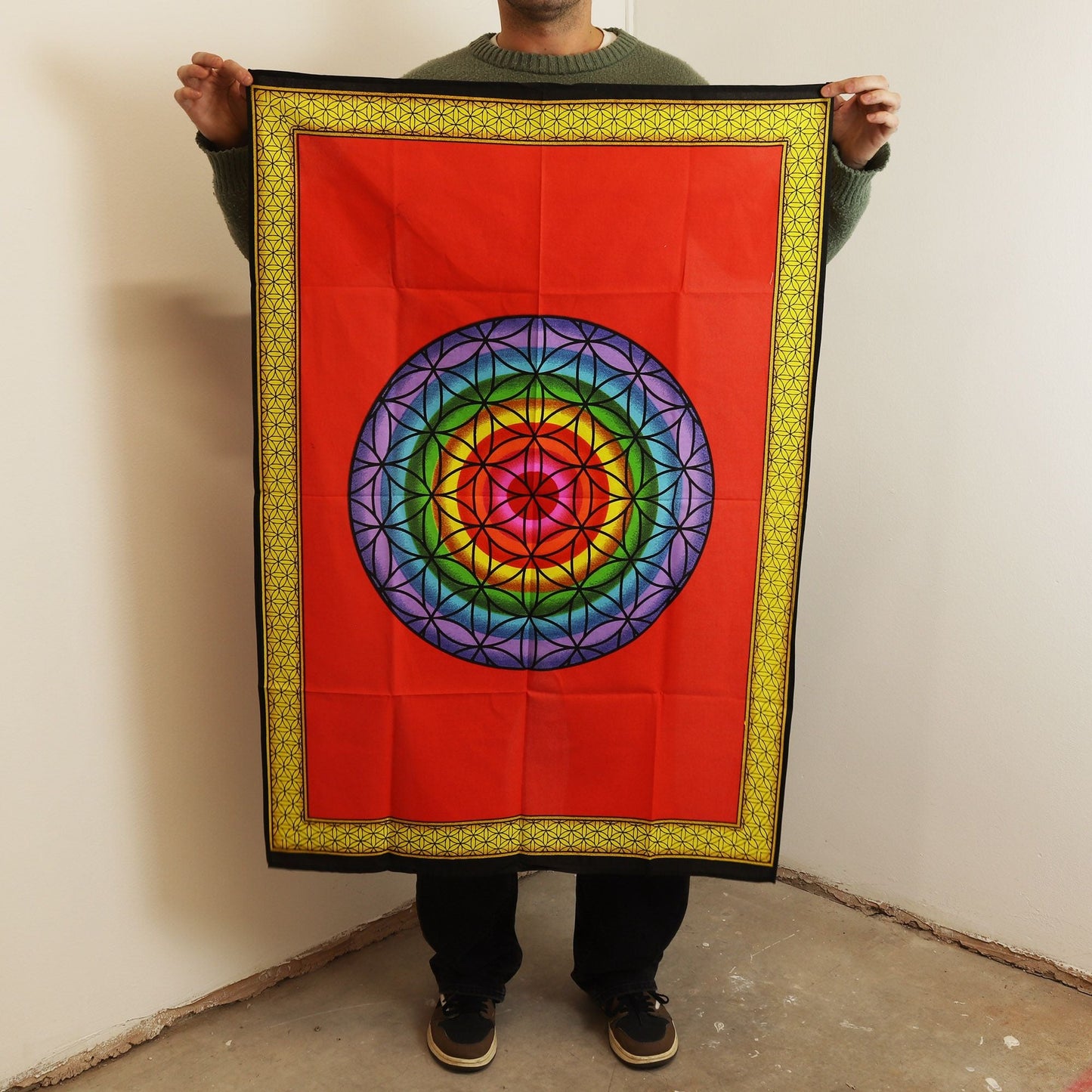 Alt Tag: Rainbow Flower of Life Cotton Wall Art – 70x110 CM red cotton wall hanging with rainbow geometric mandala design
