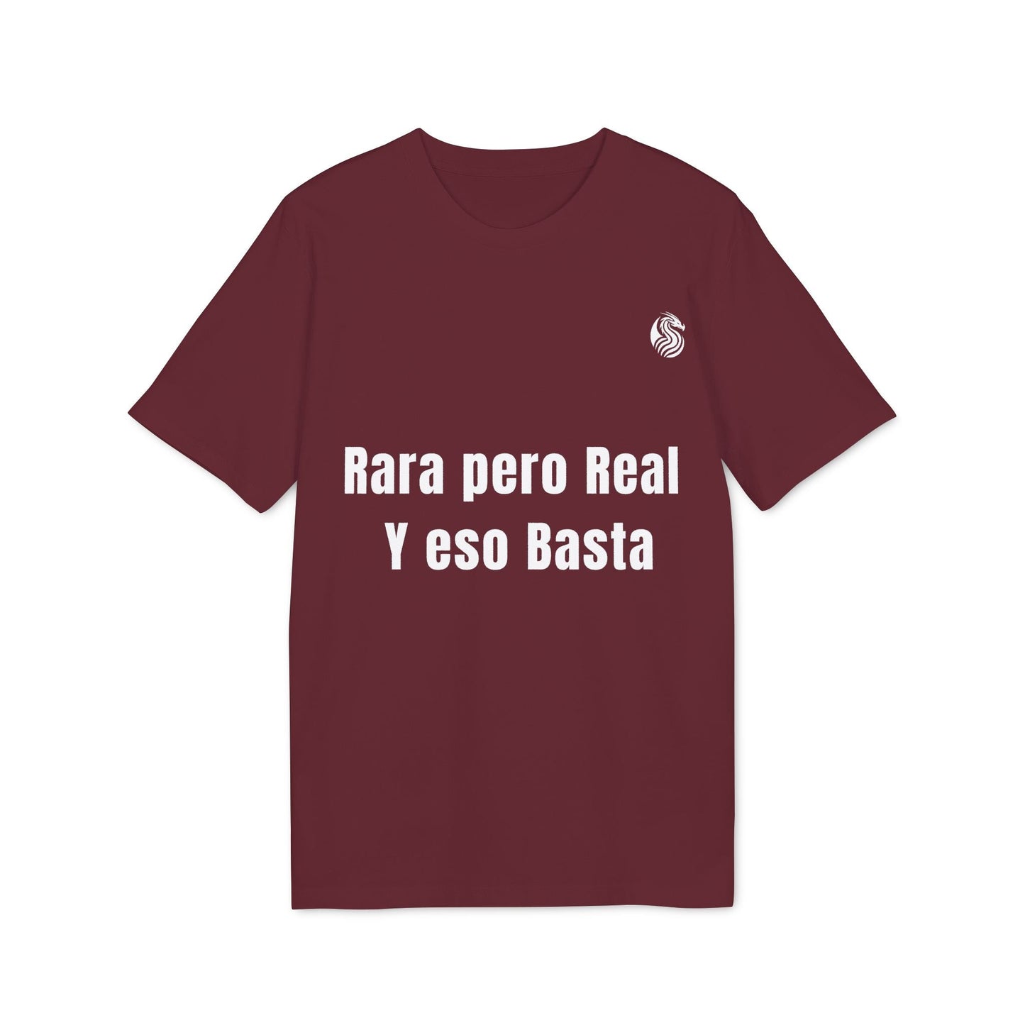 Alt Tag: Rara Pero Real Eso Basta Drix Sustainable Unisex Tee camiseta unisex sostenible color borgoña con texto “Rara pero Real y eso Basta”