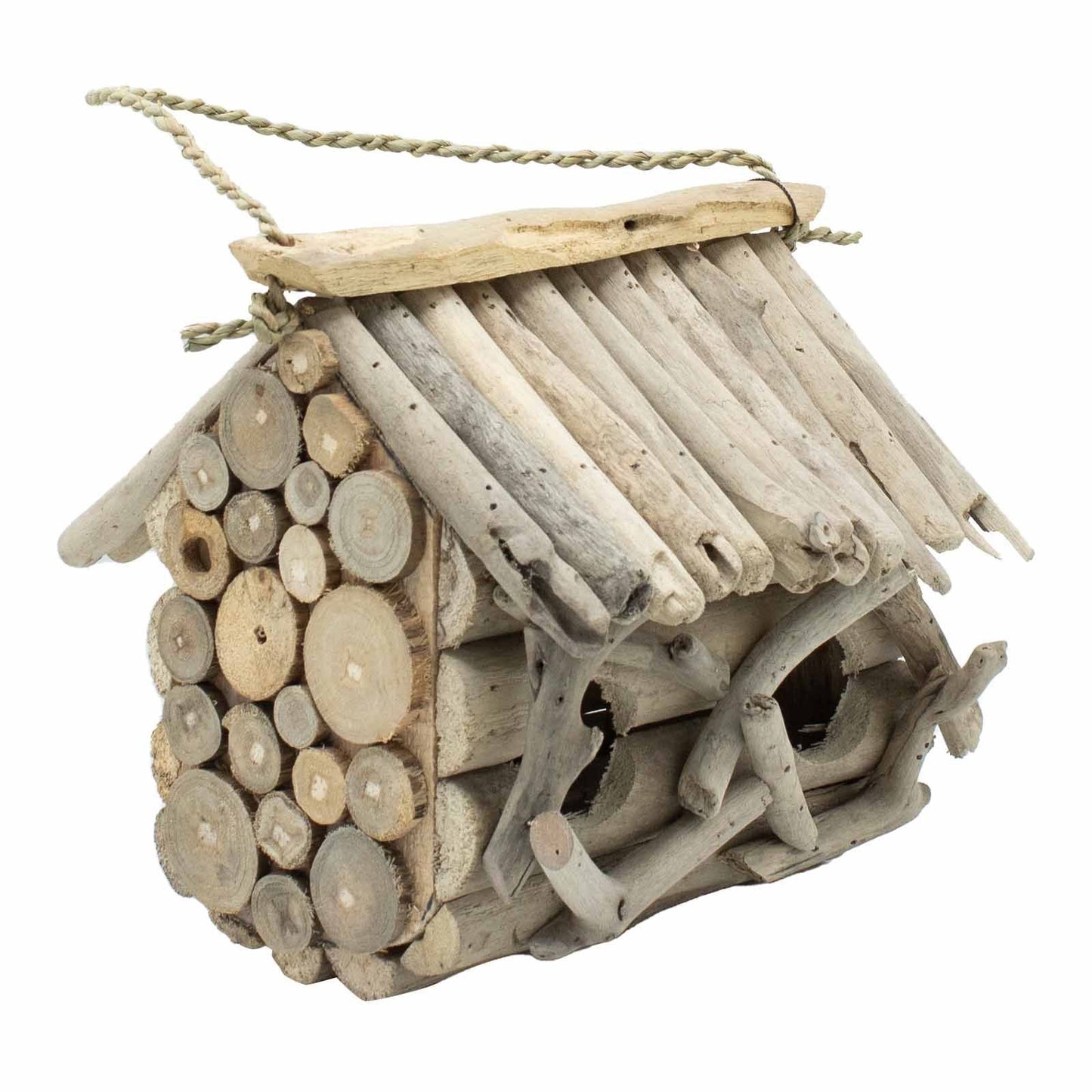Alt Tag: Recycled Driftwood Bird Box – Double 27x27x31 CM rustic double bird box made from recycled driftwood with hanging rope