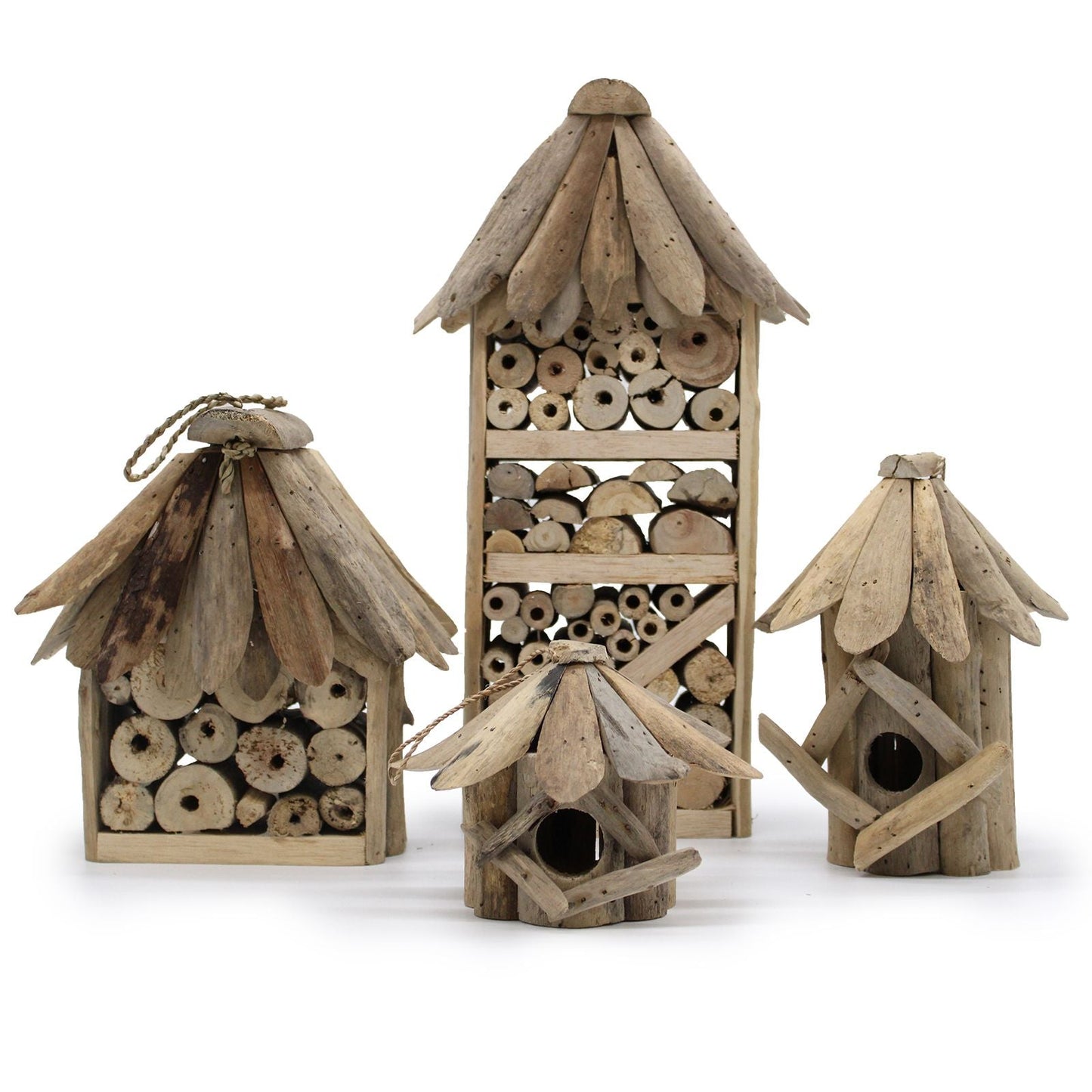 Recycled Driftwood Insect Box – 20x25x26 CM with rustic driftwood roof and drilled wood compartments for garden insects
