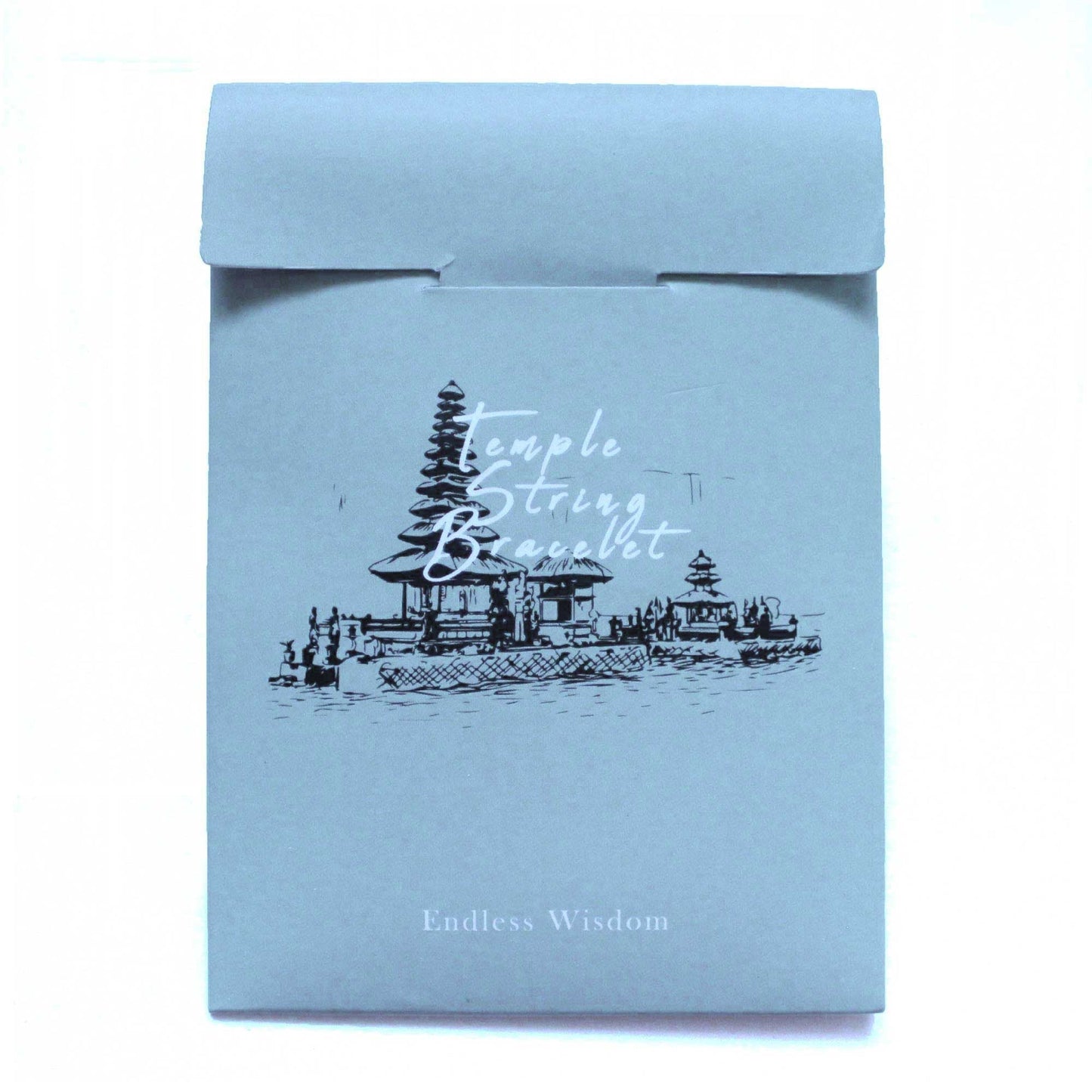 Red Temple String Bracelet – Endless Knot packaging, grey pouch with temple illustration and “Temple String Bracelet” text