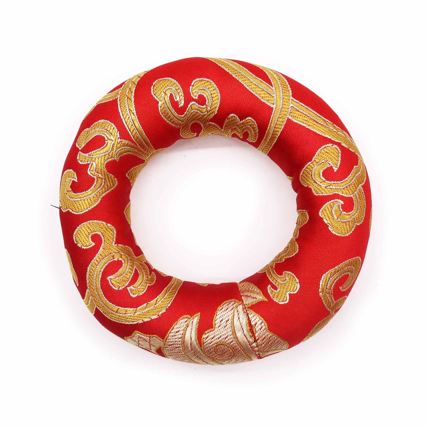 Alt Tag: Red Textile Hoop Cushion – 10CM for 12-14CM Singing Bowl, red polyester ring with gold embroidered pattern for stable bowl support