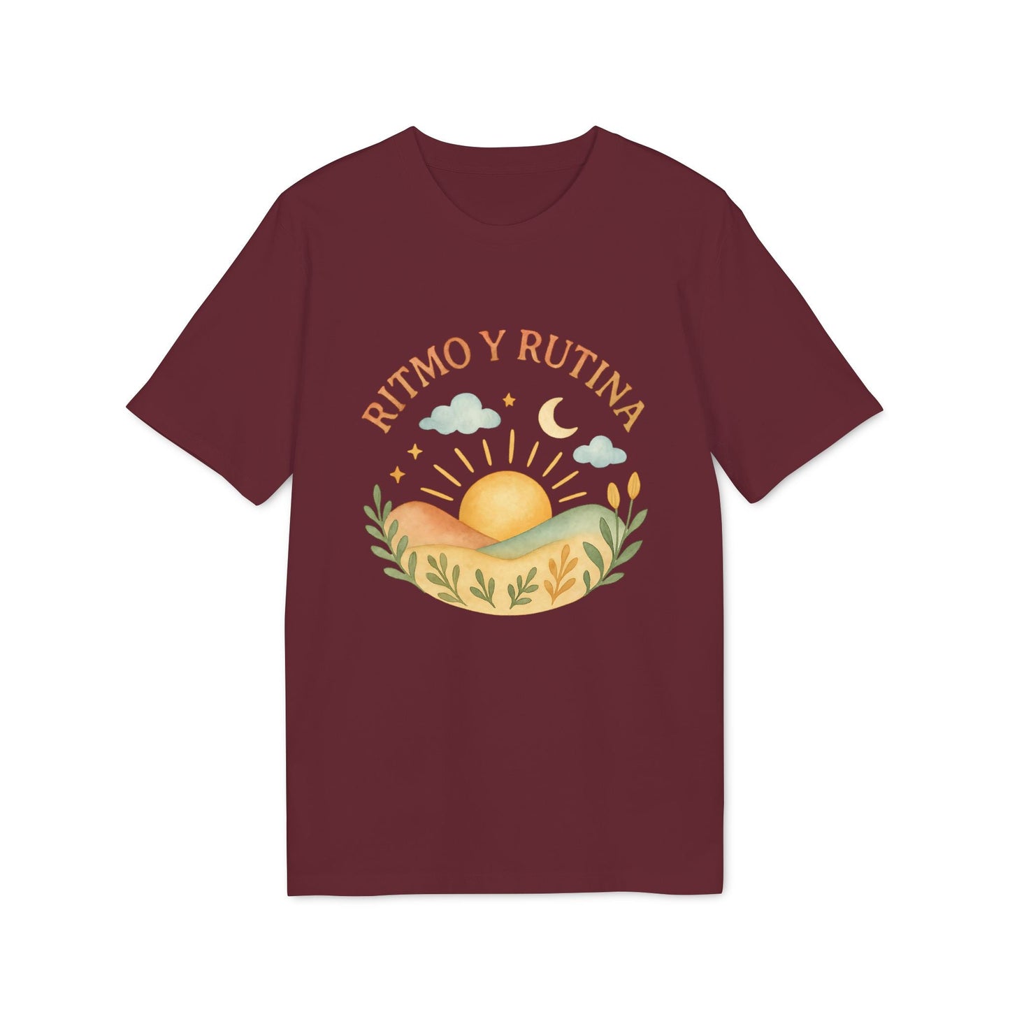 Ritmo Rutina Organica Premium Unisex T-Shirt camiseta unisex burdeos con diseño "Ritmo y Rutina" de sol, luna, nubes y paisaje