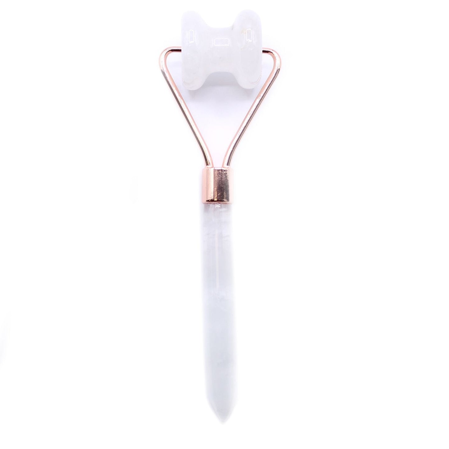 Alt Tag: Rock Quartz Gemstone Face Roller – 15CM with white quartz stone head and rose gold metal frame, handheld facial roller tool