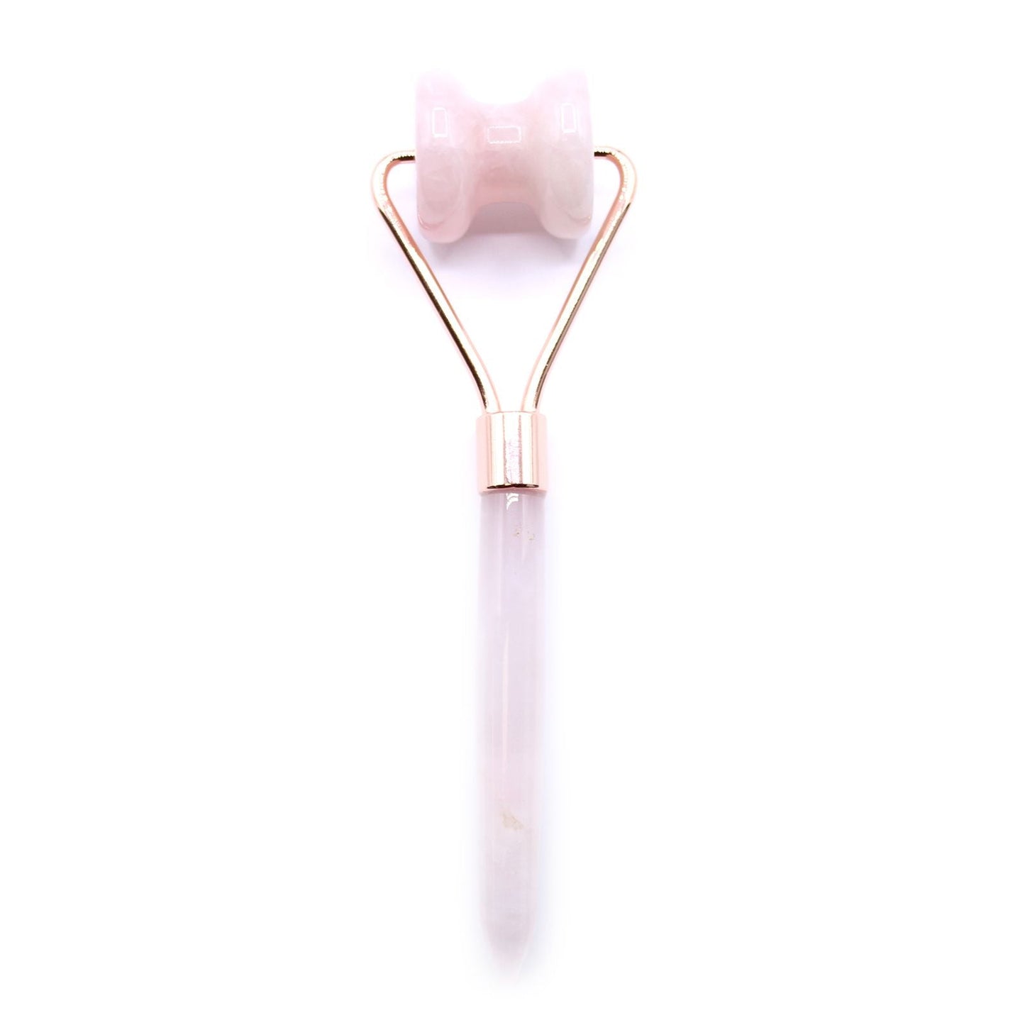 Rose Quartz Gemstone Face Roller – 15CM pink rose quartz facial roller with metal frame, top view on white background