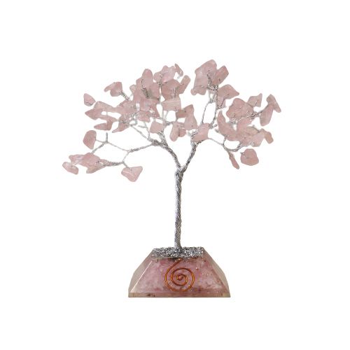 Alt Tag: Rose Quartz Gemstone Tree – 80 Stone Wonder with pink quartz chips, wire branches, and orgonite base, 7x7x15 cm