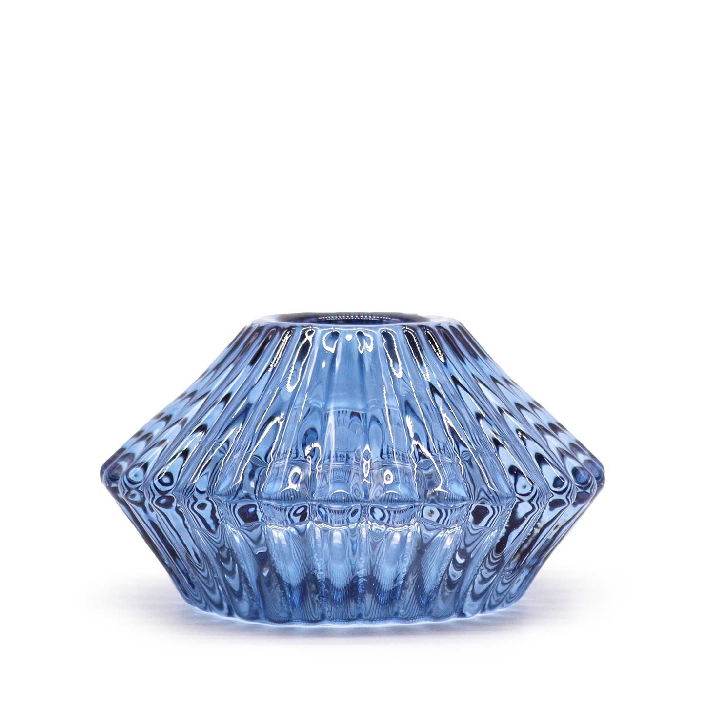 Alt Tag: Royal Blue Glass Candle Holders – Set of 2, pressed glass candle holder in royal blue with ribbed faceted design for dinner candles or tealights