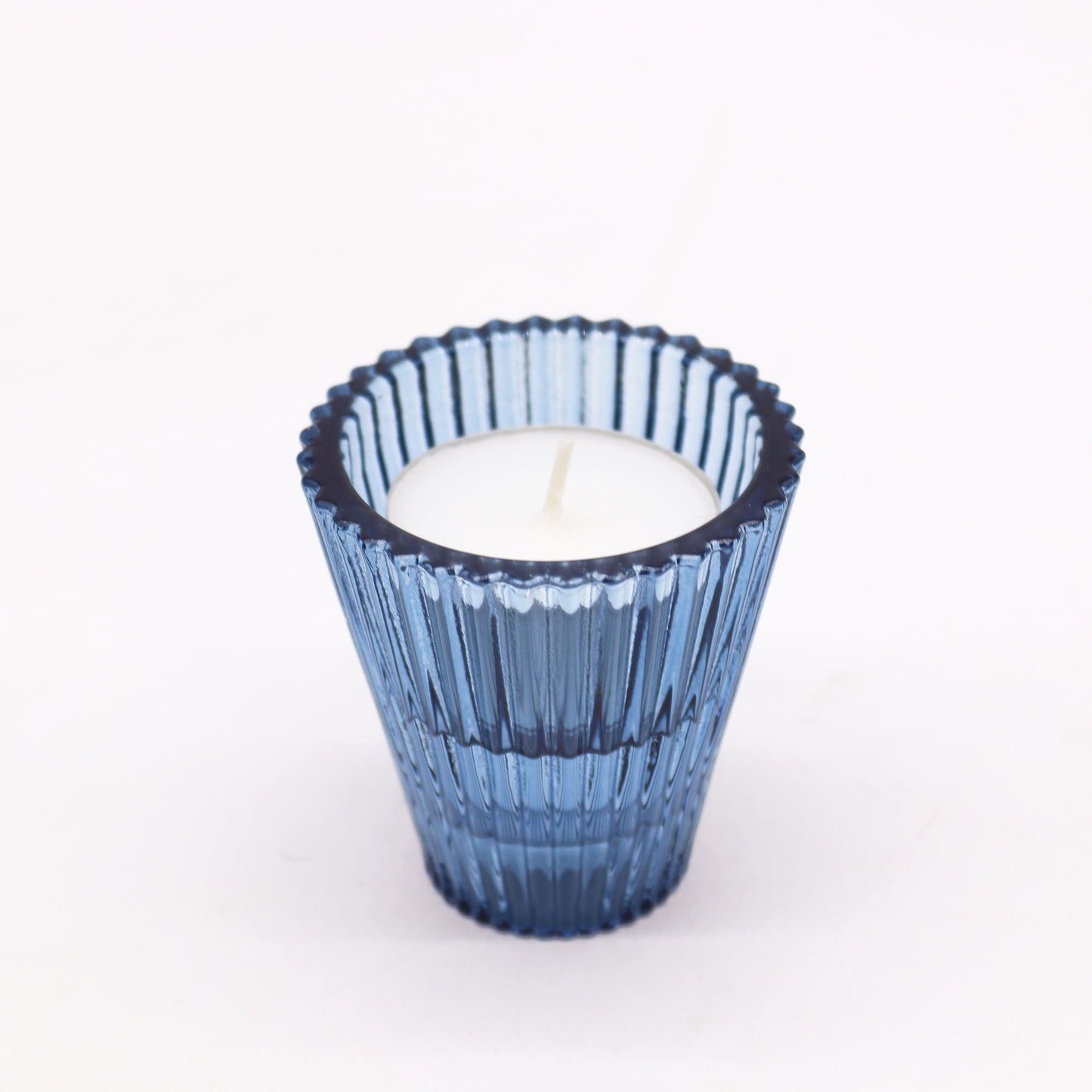 Royal Blue Glass Candle Holders – Set of 2, pressed glass ribbed candle holder in royal blue with white candle on white background