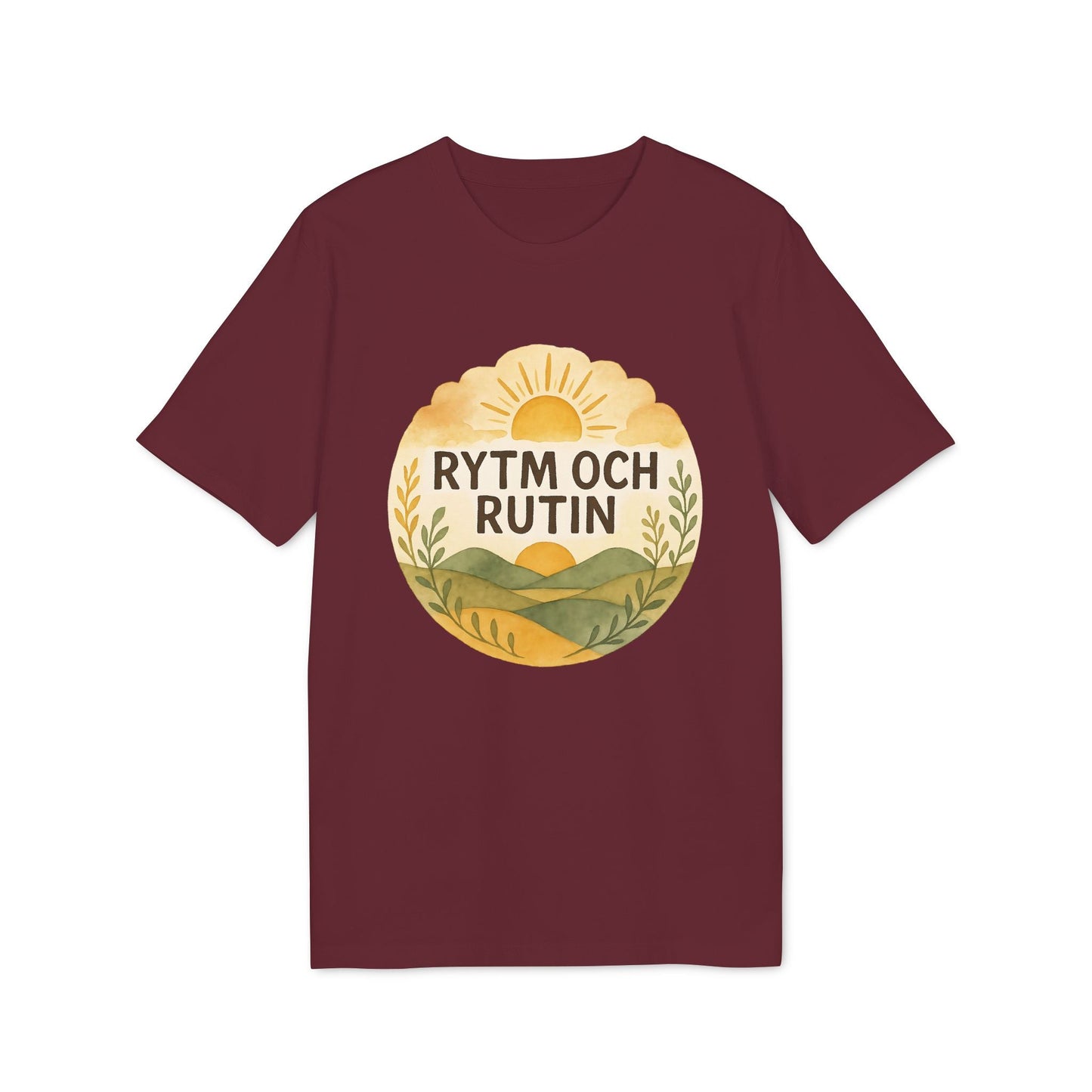 Alt Tag: Rytm Rutin Bomulls Premium Unisex T-Shirt burgundy cotton tee with “RYTM OCH RUTIN” sunrise landscape graphic print