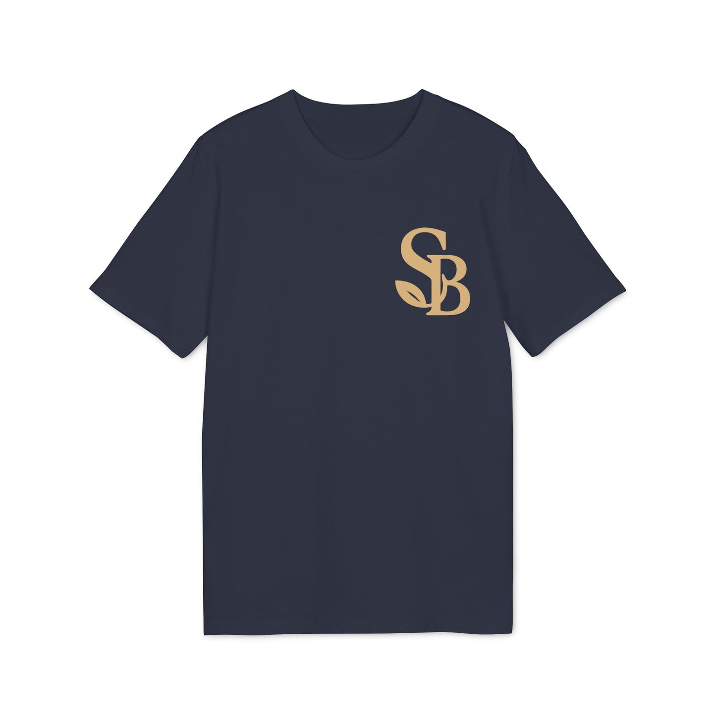 Alt Tag: Saga Bliss 100% Organic Cotton T-Shirt azul marino, vista frontal, cuello redondo, logo SB dorado en el pecho