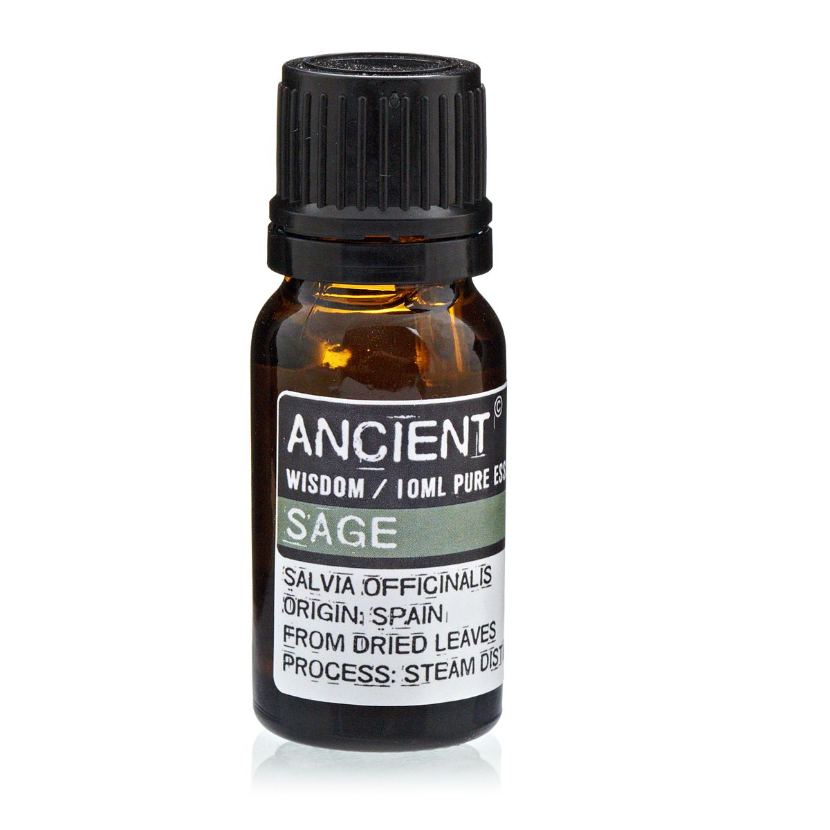 Alt-tagg: Salvia eterisk olja – 10 ml bärnstensfärgad glasflaska med svart kork, Ancient Wisdom Salvia-etikett, ångdestillerad, ursprung Spanien