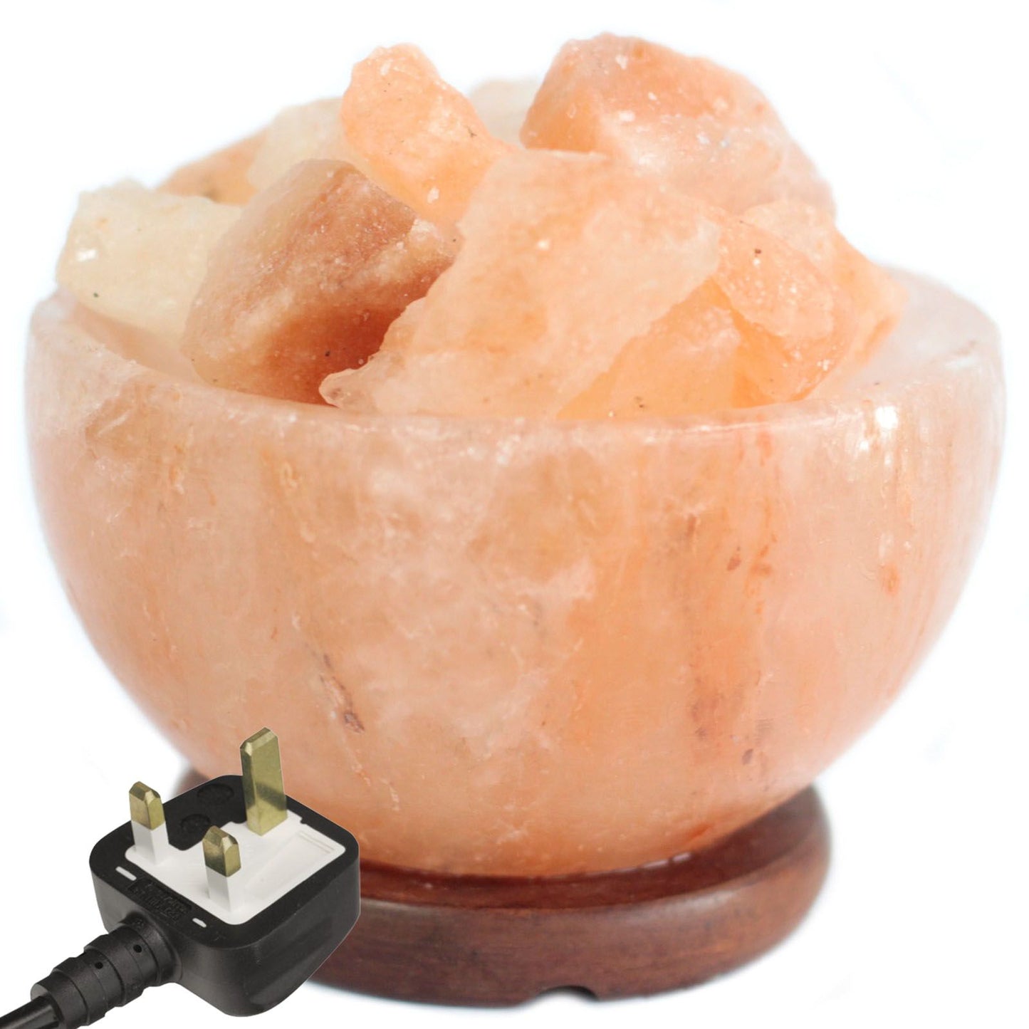 Salt Fire Bowl med bitar – 15 CM × 9 CM, Himalaya-saltskål med bitar på träbas och UK-kontakt
