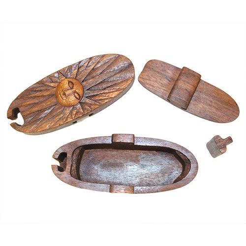 Saman Wood Bali Magic Box – Sun Design Saman-Holzbox mit Sonnendesign und verborgenem Fach, offene Ansicht und Einzelteile