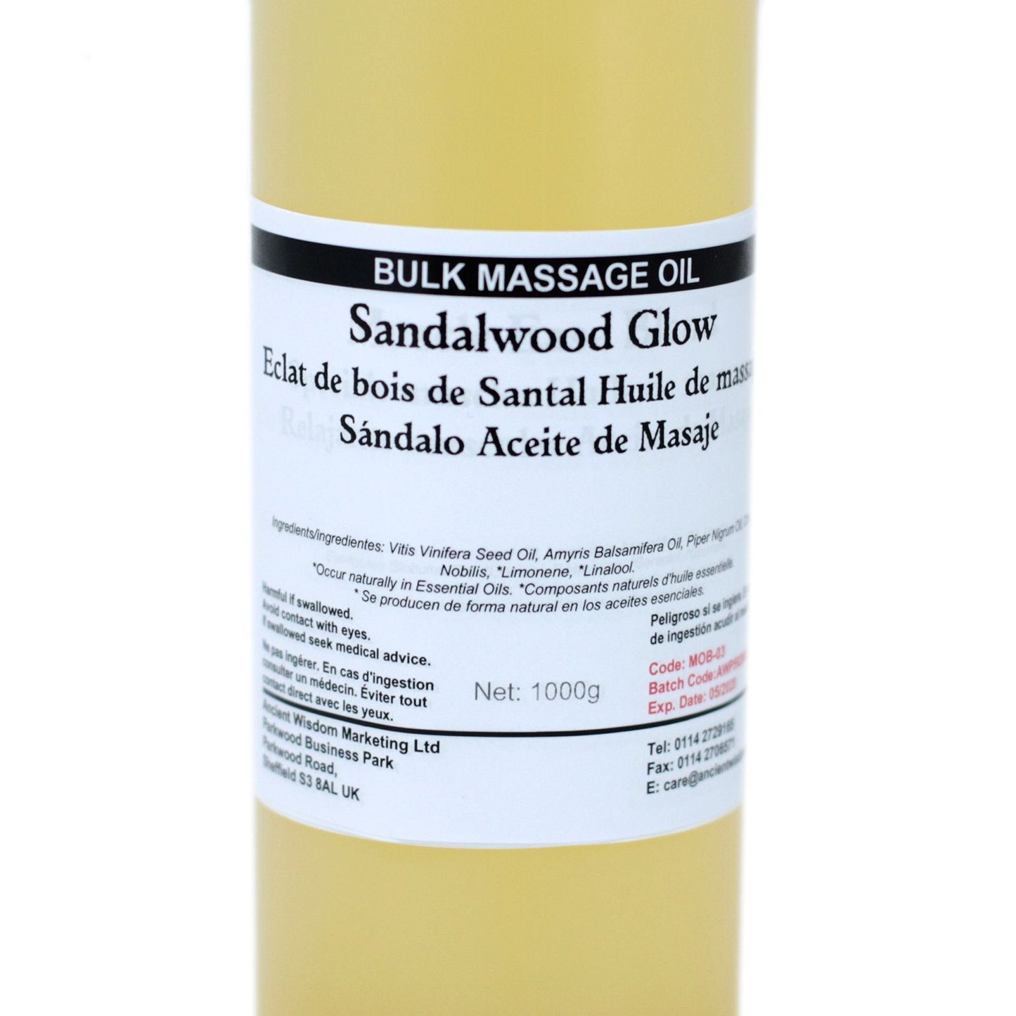Alt Tag: Sandalwood Infused Massage Oil – 1KG bulk massage oil bottle, sandalwood glow label, 1000g