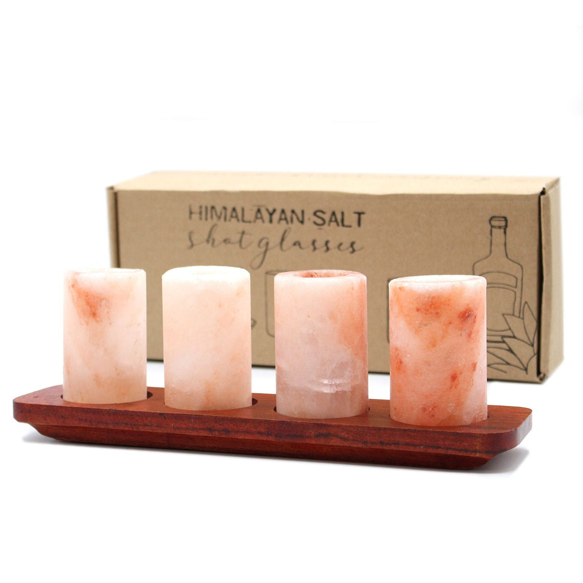 Set of 4 Himalayan Salt Shot Glasses with Wood Serving Stand, 4 pink salt shot glasses on wooden serving tray with box