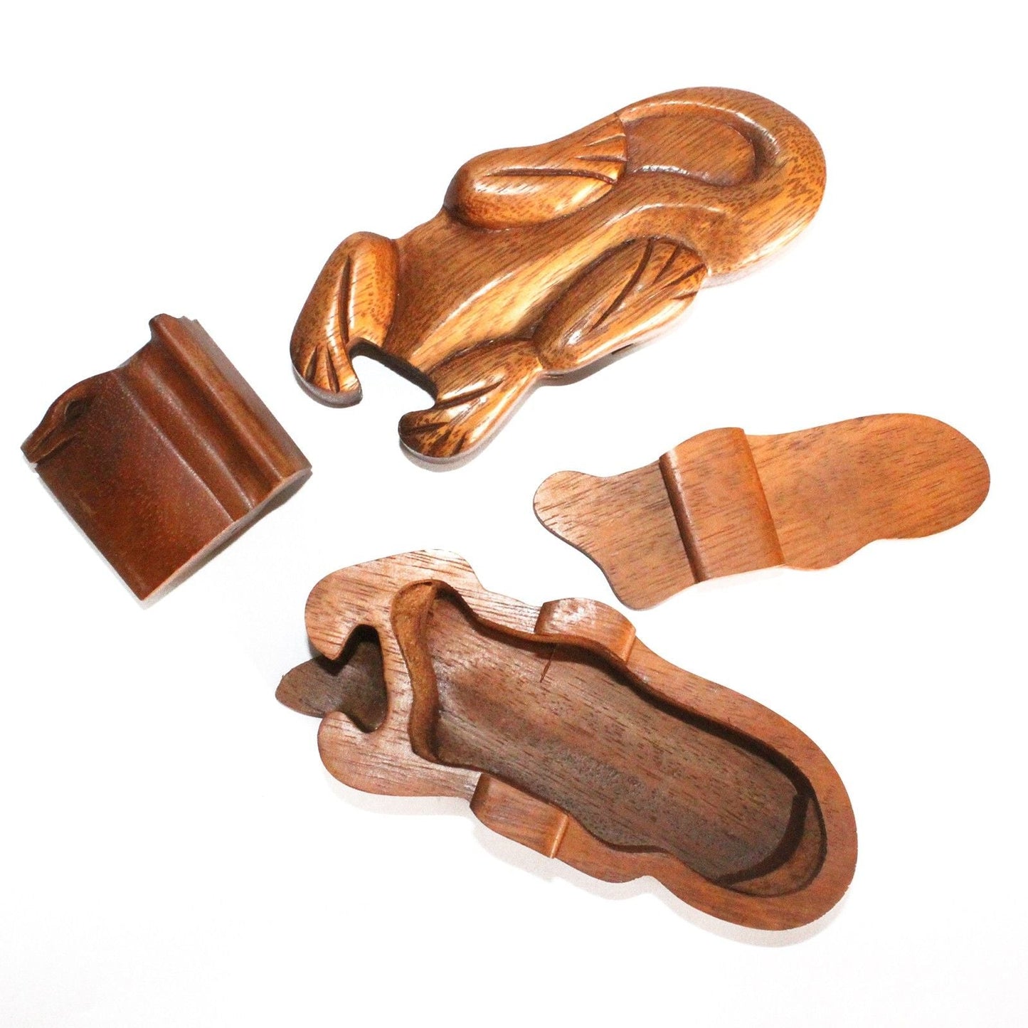 Sheesham Wood Bali Magic Box – Gecko 9x2.5 CM hand-carved wooden puzzle box with gecko design, shown open with pieces