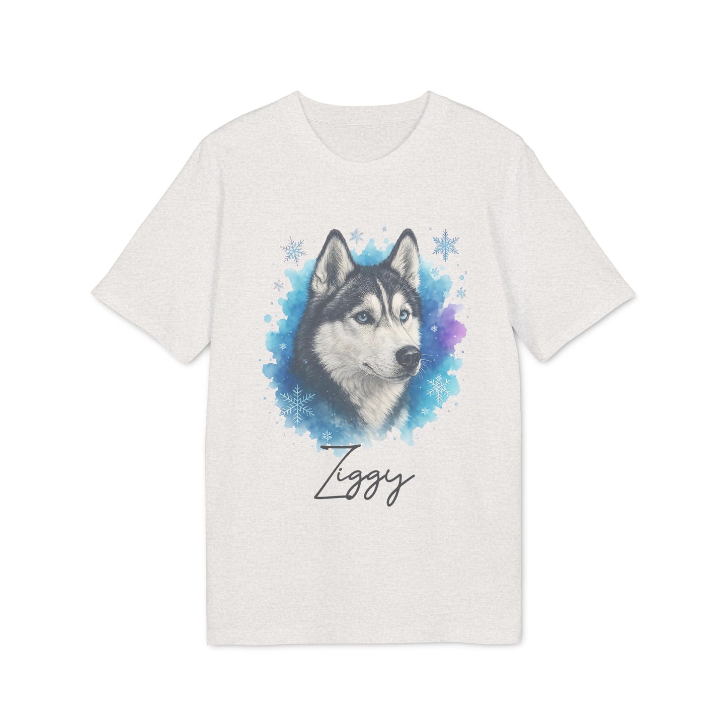 Siberian Husky Personalized Premium Unisex T-Shirt with husky portrait graphic and custom name Ziggy on white tee