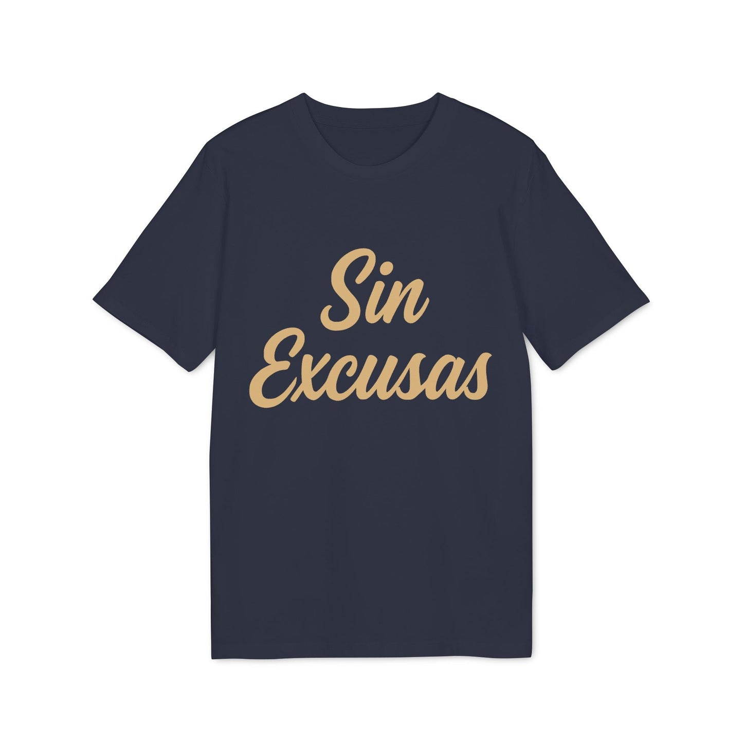 Alt Tag: Sin Excusas Organica Deportista 100% Organic Cotton T-Shirt navy tee with tan "Sin Excusas" script front print