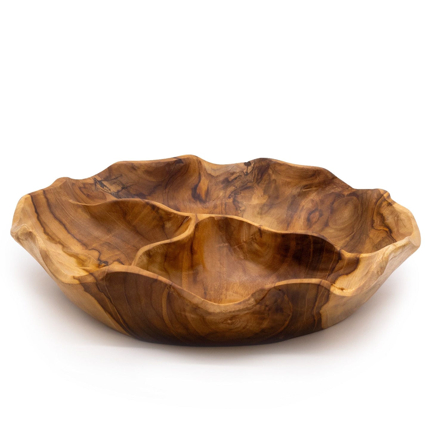 Alt Tag: Smooth Round Teakwood Fruit Bowl Three Sections - 30x5.5cm handcrafted teakwood serving bowl with three curved compartments