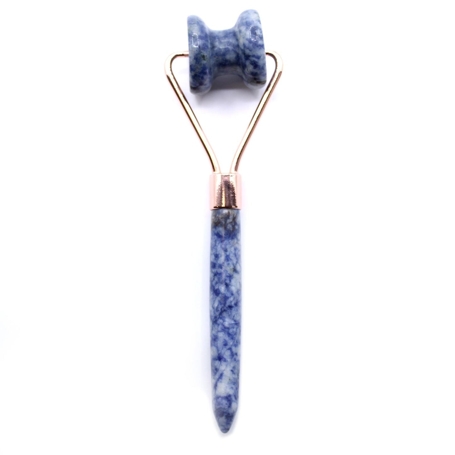 Alt Tag: Sodalite Gemstone Face Roller – 15x4.5x3 CM blue gemstone facial roller with metal frame, close-up on white background