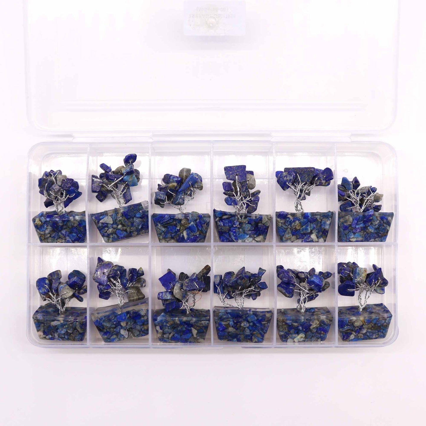 Alt Tag: Sodalite Gemstone Tree – Orgonite Base, 15 Stones set in clear organizer box with blue sodalite chip trees