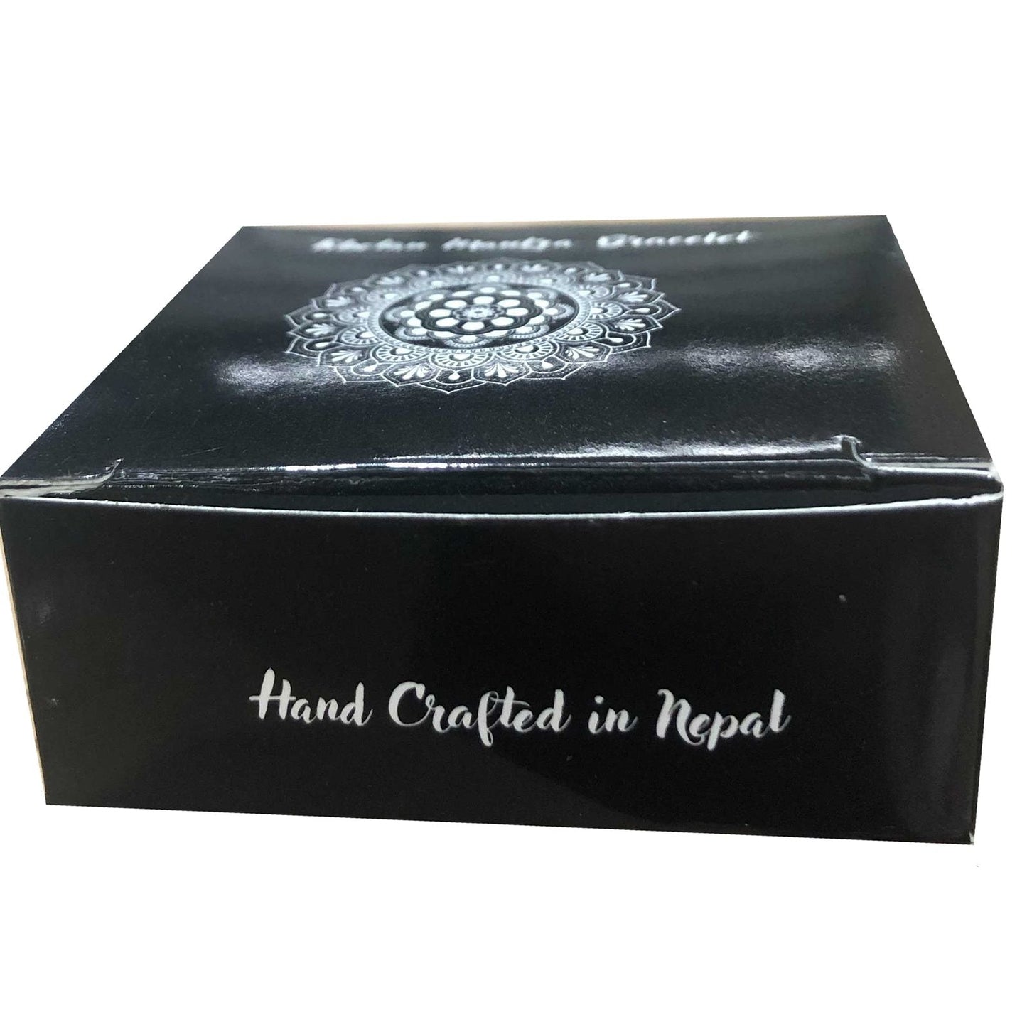Solid Copper Tibetan Mantra Bracelet – Flower of Life packaging box with mandala graphic and “Hand Crafted in Nepal” text