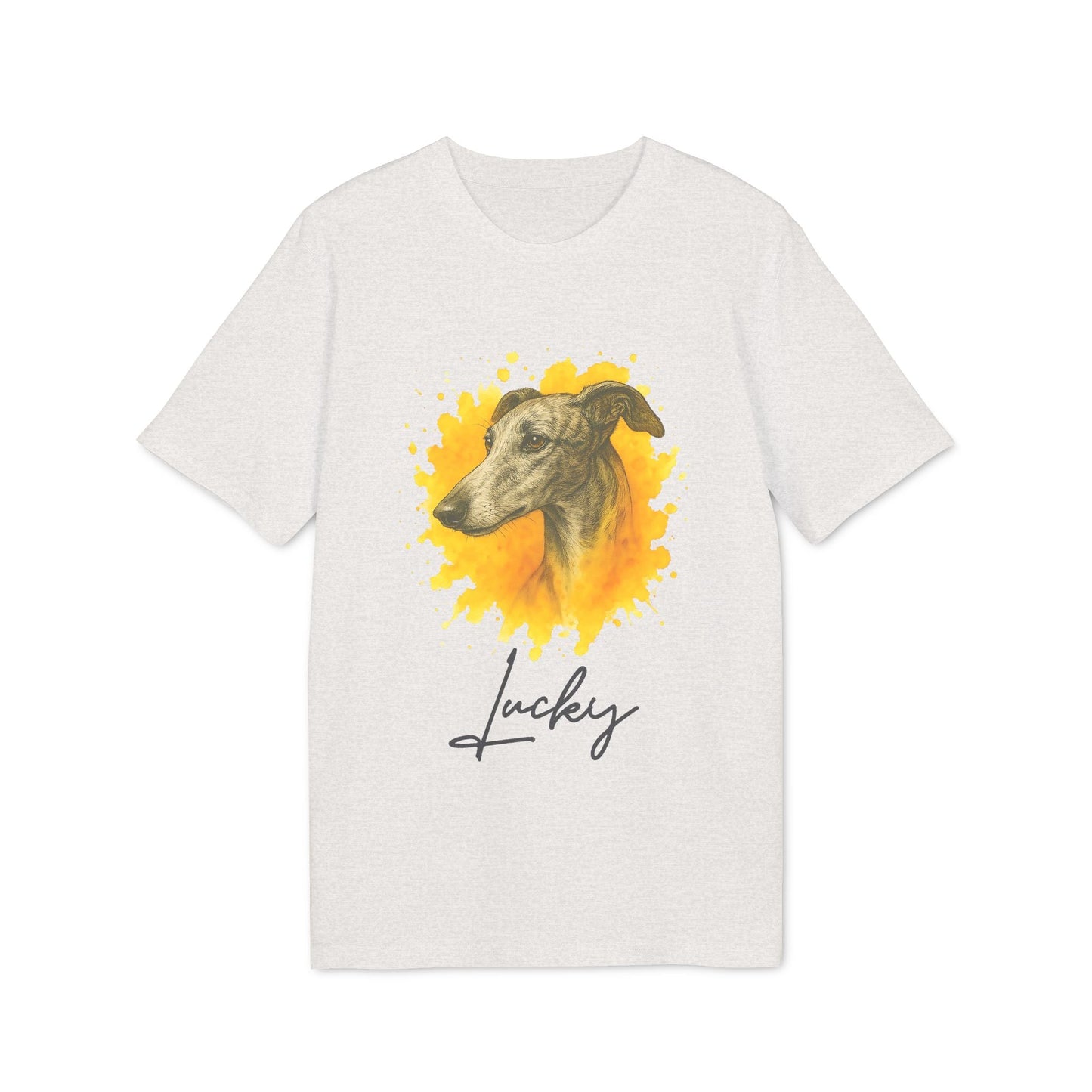 Spanish Galgo Dog Personalized Dog 100% Organic Cotton T-Shirt, camiseta blanca con ilustración de galgo y nombre personalizado “Lucky”