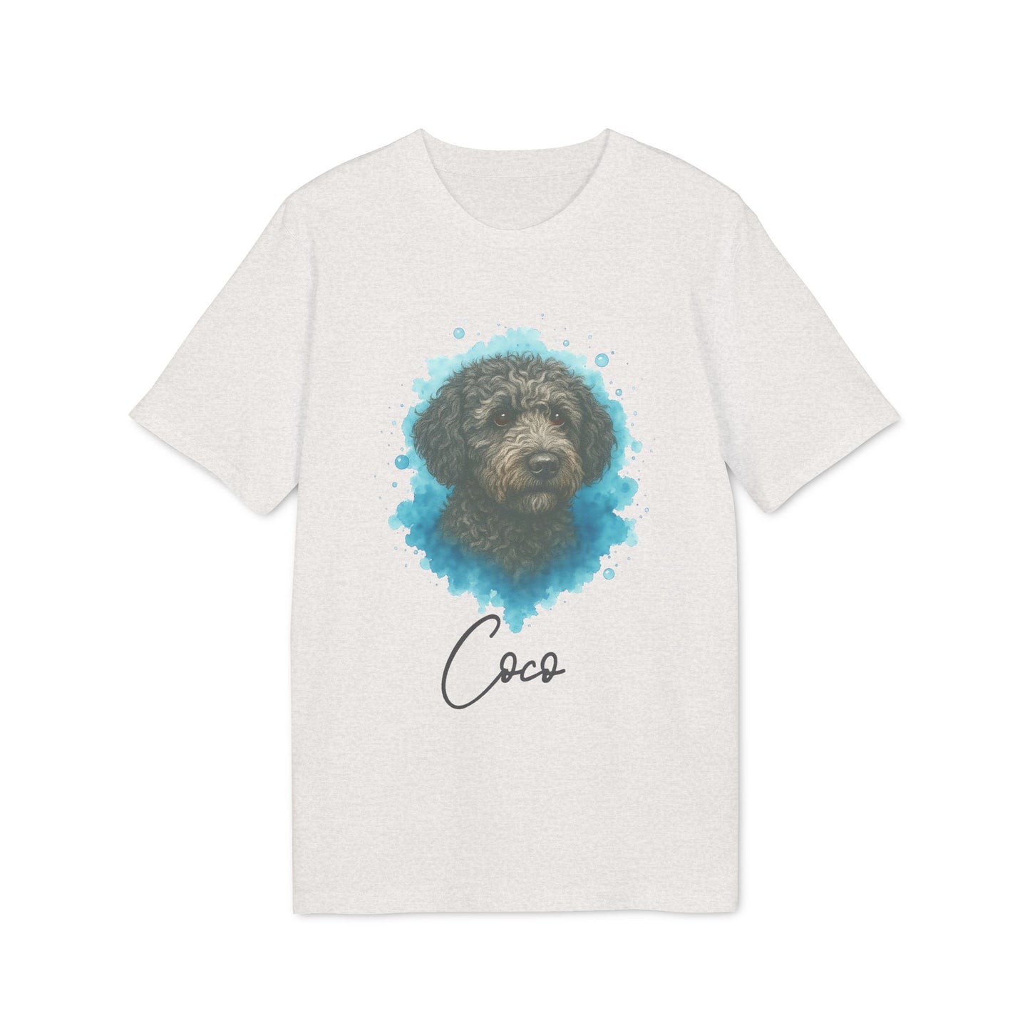 Alt Tag: Spanish Water Dog Personalized Dog 100% Organic Cotton T-Shirt blanca con retrato de perro y nombre personalizado “Coco”