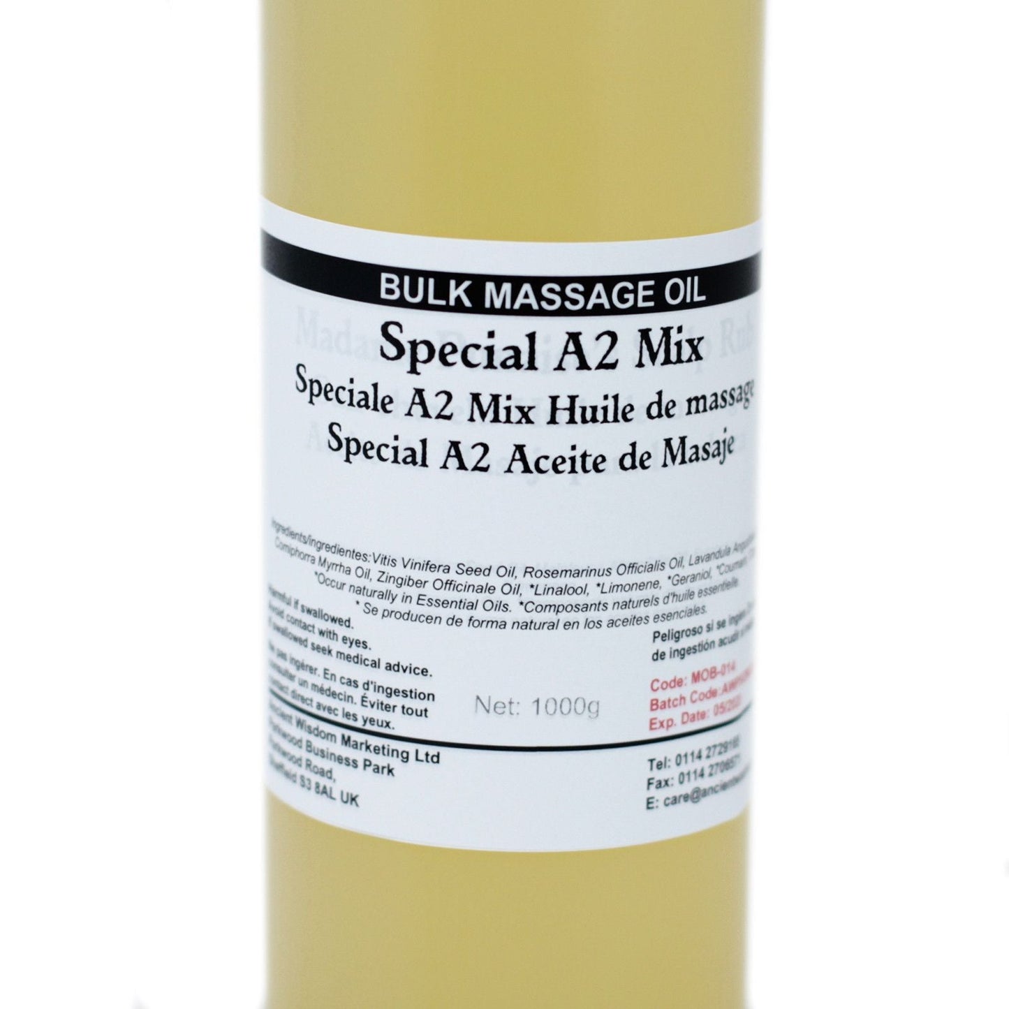 Alt Tag: Special A2 Mix Massageolja – 1 KG storflaska massageolja etikett Special A2 Mix 1000 g