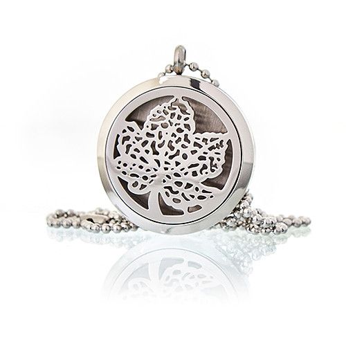 Stainless Steel Aromawellness Diffuser Necklace – Leaf 30MM stainless steel 30mm leaf locket pendant on chain, front view