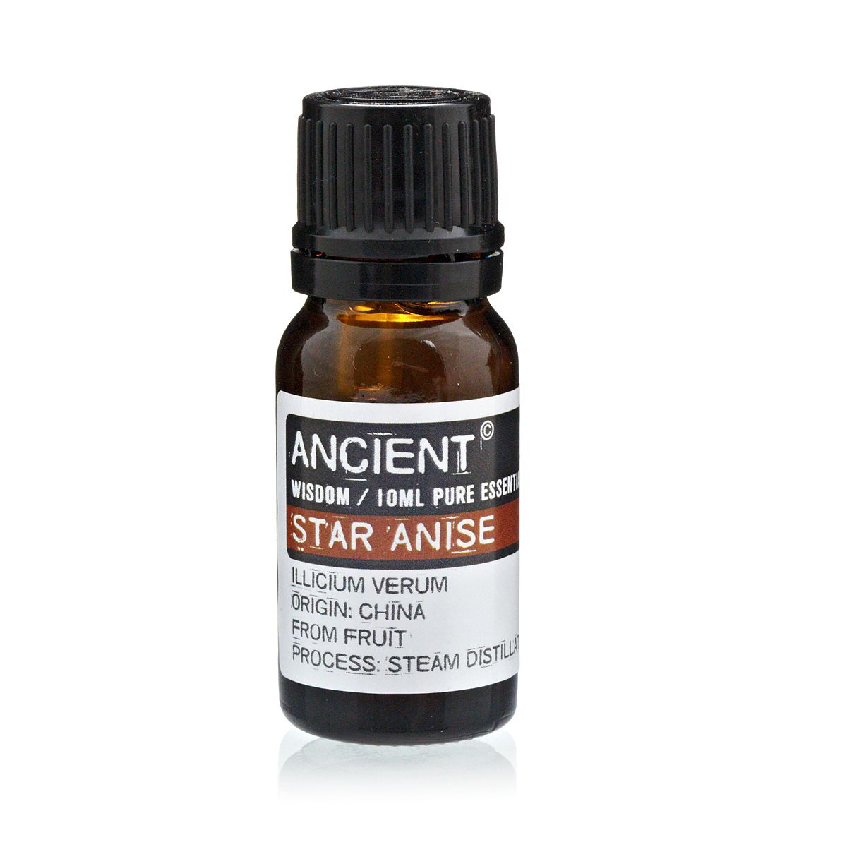 Alt Tag: Stjärnanis eterisk olja – 10 ML-flaska, Ancient Wisdom-etikett, eterisk stjärnanisolja (Illicium verum) från Kina, ångdestillerad