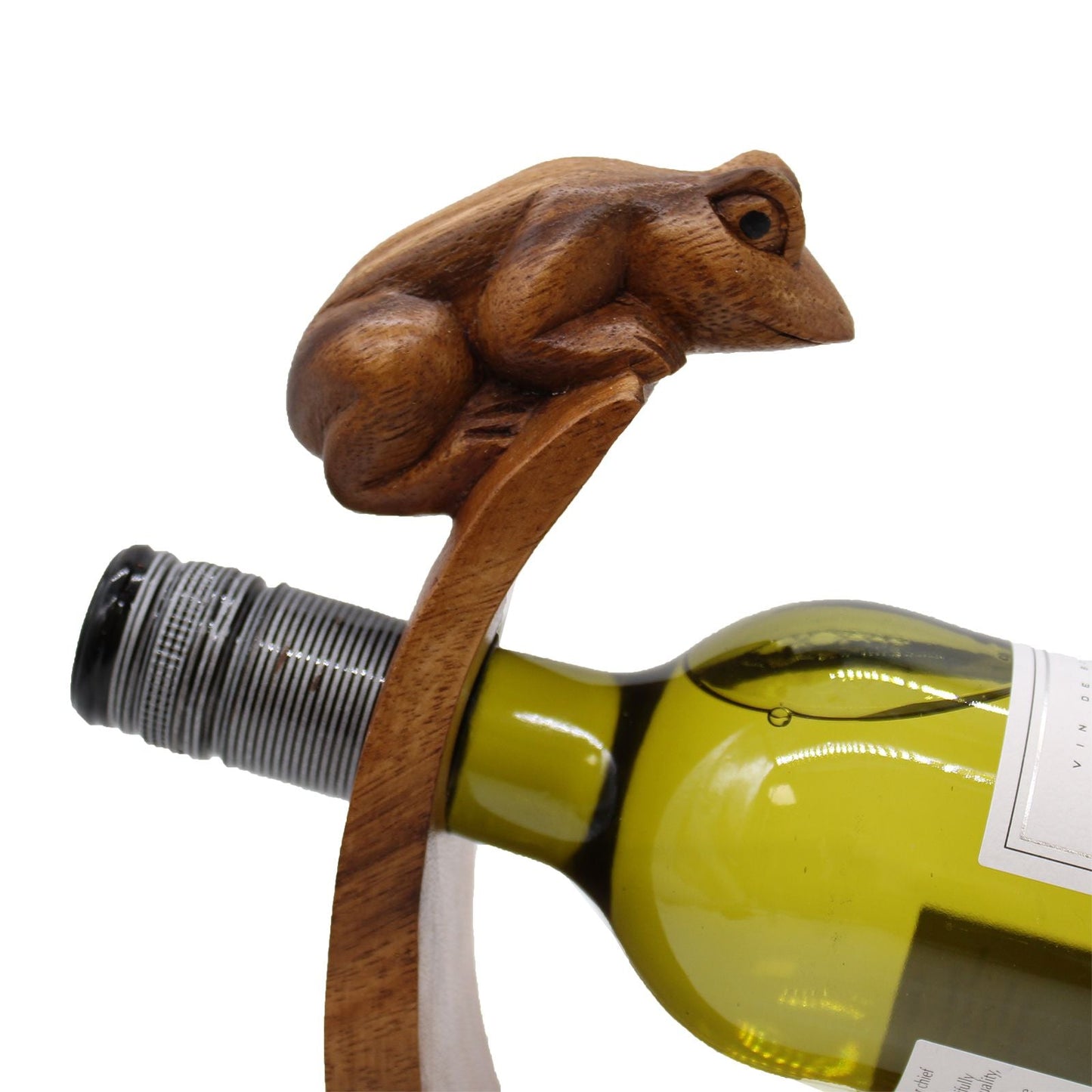 Suar Wood Frog Bottle Holder – 6x20x27 CM handcrafted suar wood frog balance wine bottle holder display