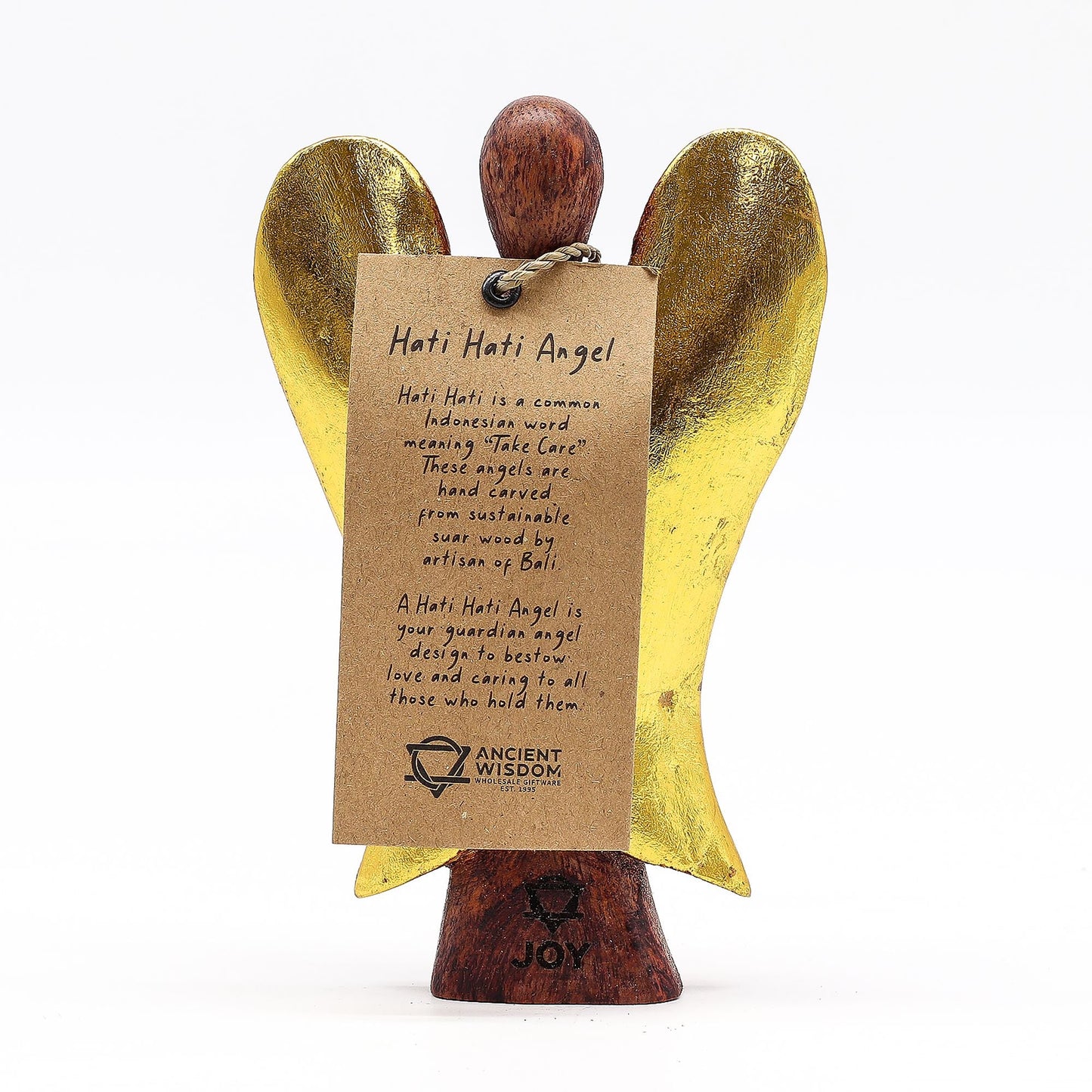 Alt Tag: Suar Wood Hati-Hati Angel – Joy 15CM hand-carved suar wood angel figurine with gold wings and hanging tag