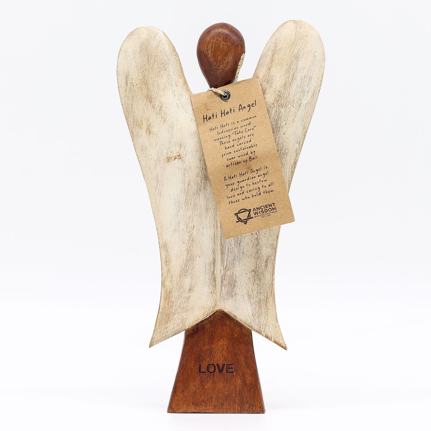 Alt Tag: Suar Wood Hati-Hati Angel – Love – 25CM hand-carved angel figurine in sustainable Suar wood, 25cm tall, LOVE base