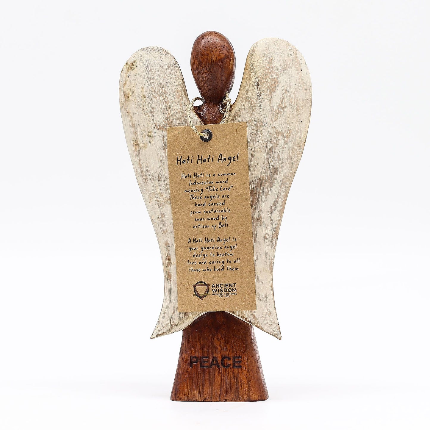 Alt Tag: Suar Wood Hati-Hati Angel – Peace 20CM hand-carved suar wood angel figurine with peace text, 20cm, natural wood grain