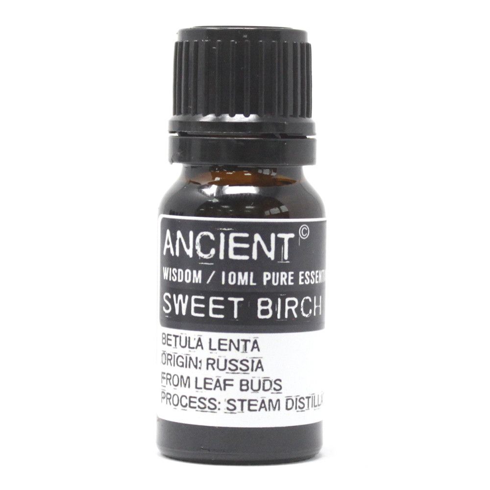 Sweet Birch Essential Oil – 10ML bottle, Ancient Wisdom label, Betula lenta, 10ml pure essential oil, steam distilled
