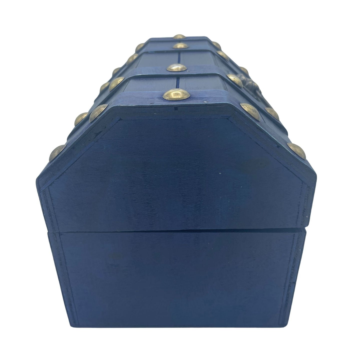 Teal MDF Vintage Chest – 21x15.5x16 CM vista lateral, cofre vintage de MDF color teal con herrajes metálicos dorados