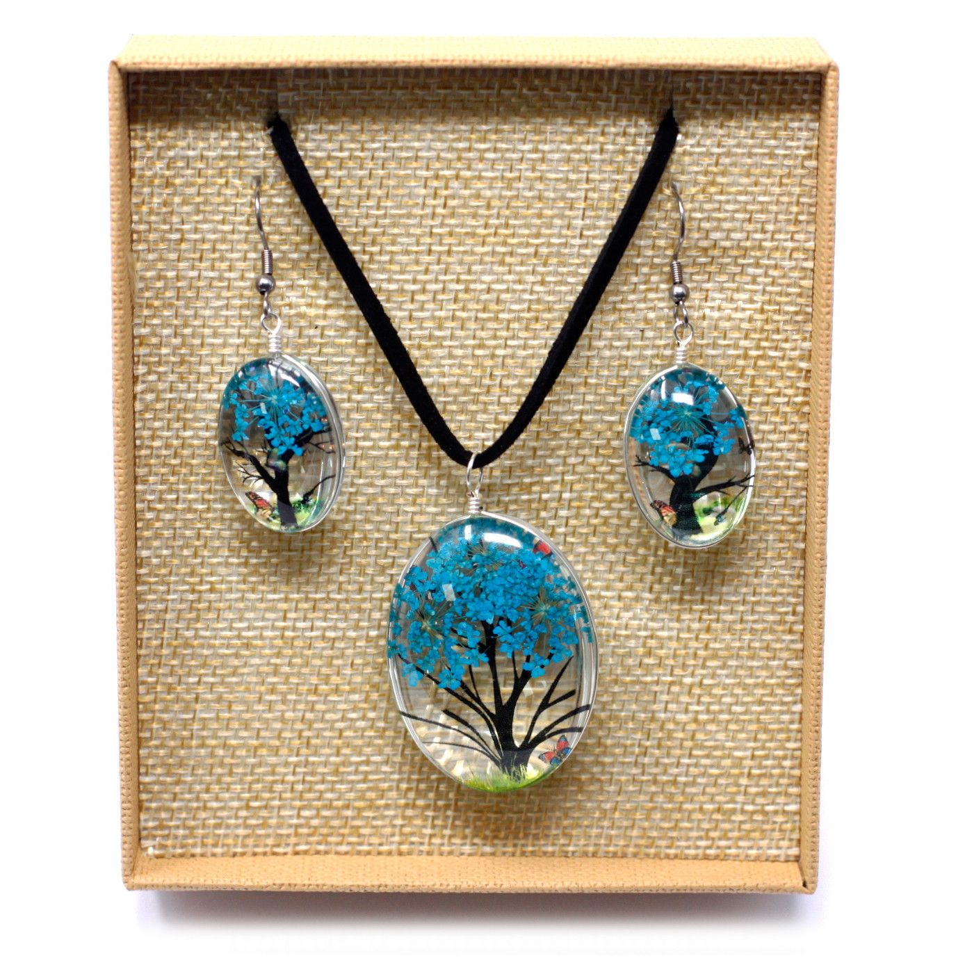 Teal Tree of Life Necklace – Glass & Flowers, colgante oval de vidrio con flores reales en tono teal y aretes a juego