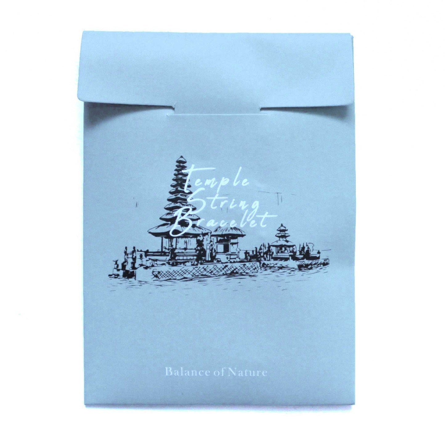 String & Beads Temple Bracelet – Balance of Nature packaging, Temple String Bracelet envelope with black temple illustration