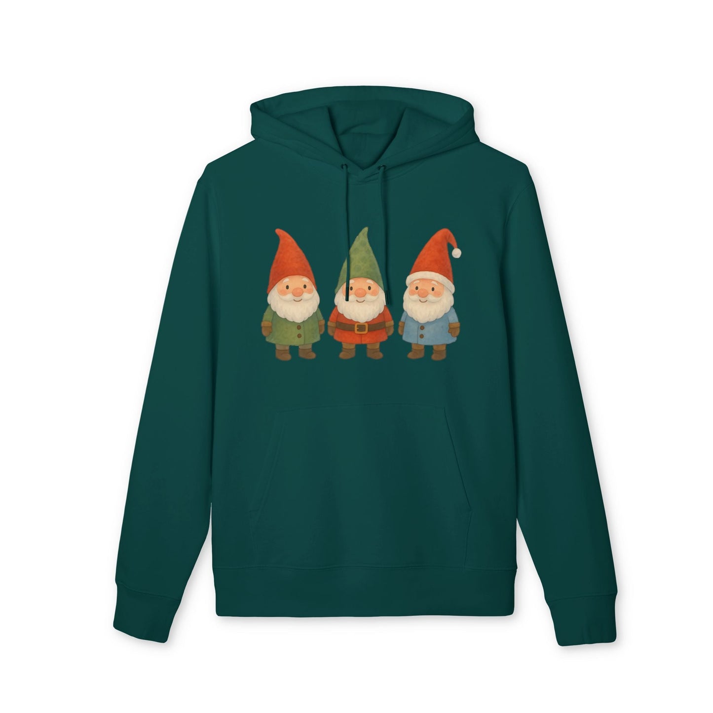 Three Little Gnomes Christmas Sustainable Unisex Hoodie de algodón orgánico, verde azulado, con tres gnomos navideños estampados