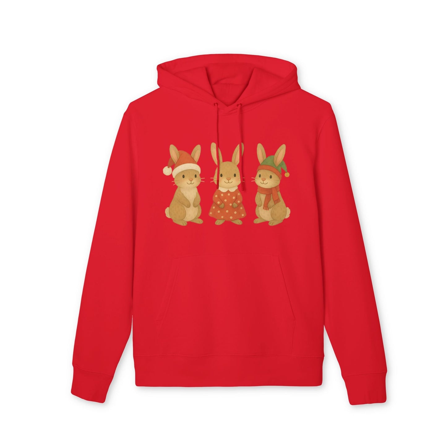 Alt Tag: Three Little Hares Christmas 100% Organic Cotton Hoodie rojo con diseño de tres liebres con gorros navideños en el frente