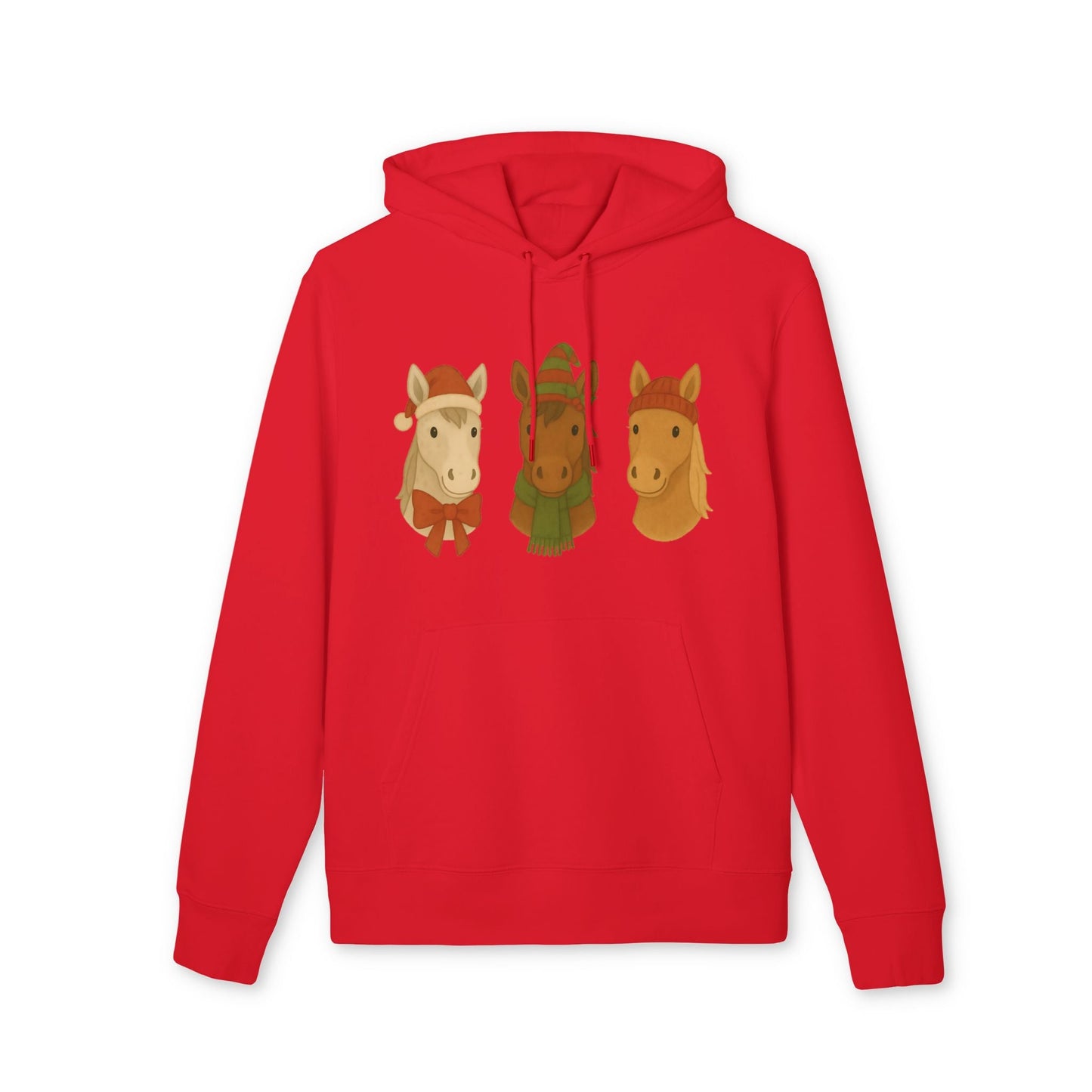 Three Little Horses Christmas Sustainable Unisex Hoodie red organic cotton hoodie with three holiday horses graphic on front