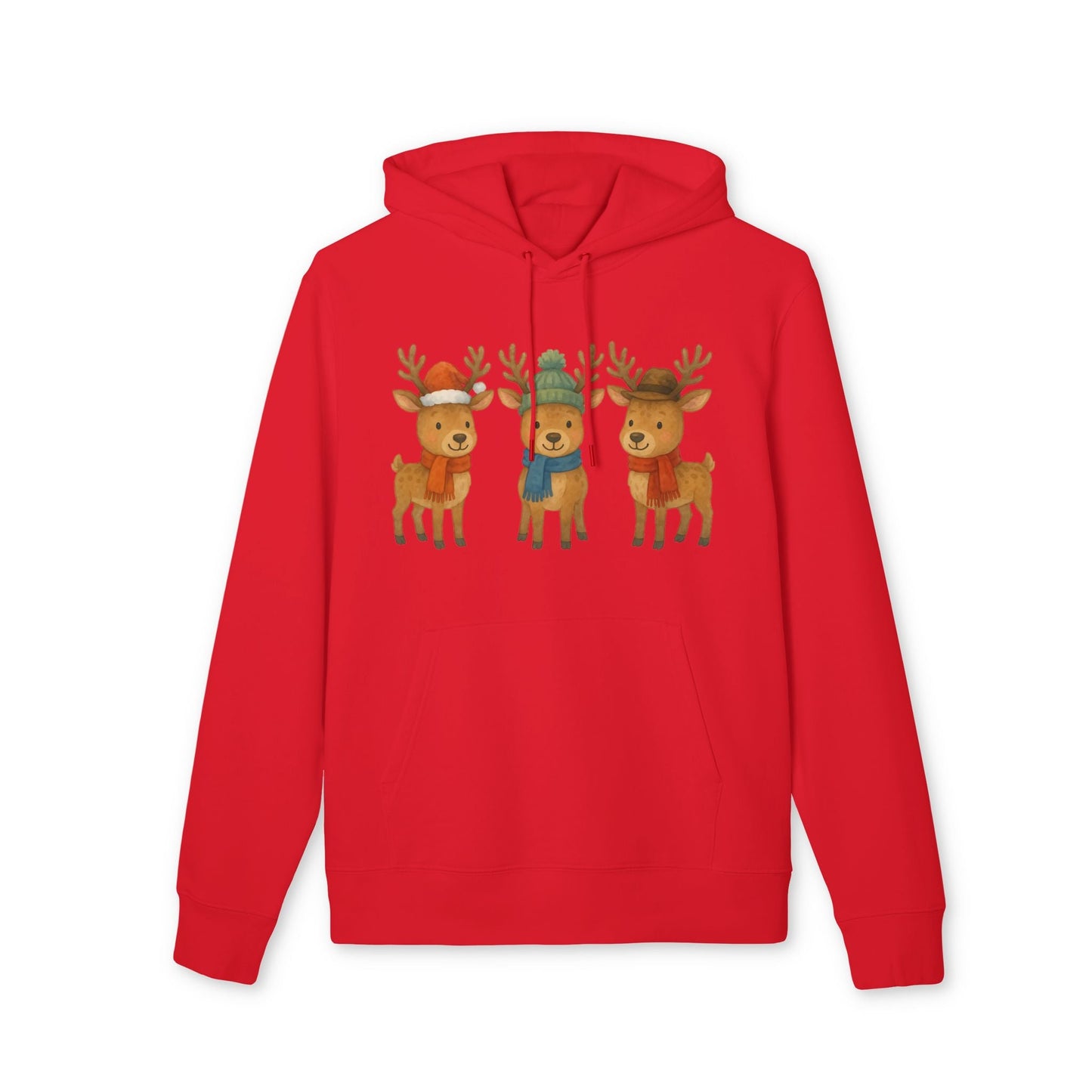 Three Little Reindeers Christmas Sustainable Unisex Hoodie, red organic cotton hoodie with three cute reindeer Christmas graphic on front