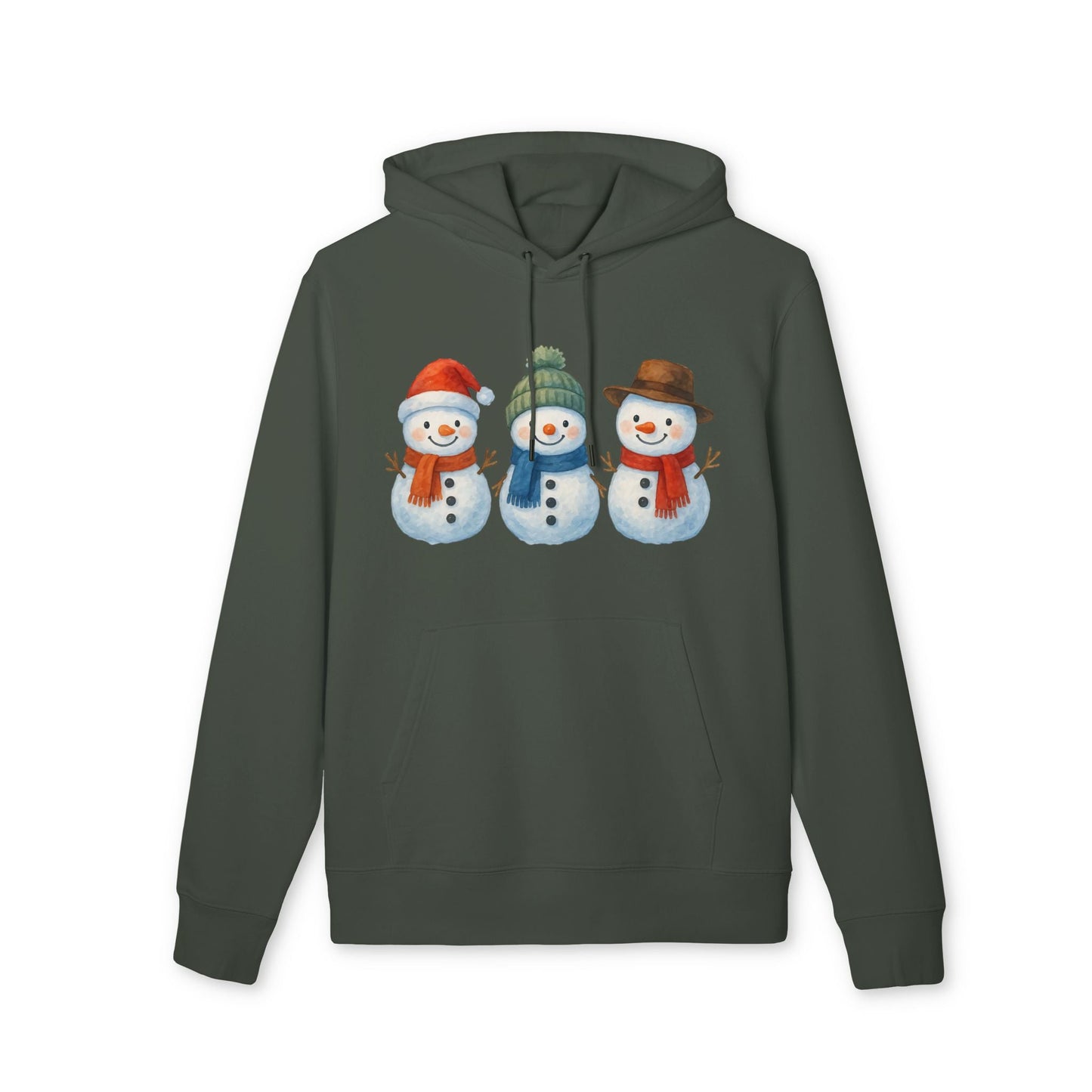 Alt Tag: Three Little Snowmen Christmas Premium Unisex Hoodie in dark green with three smiling snowmen graphic