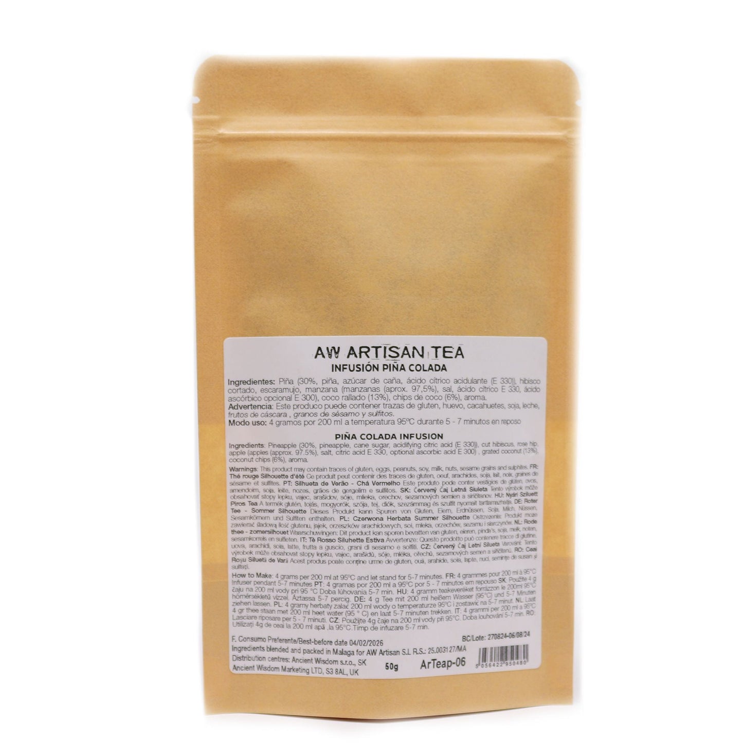 Alt Tag: Tropical Piña Colada Artisan Tea – 50G kraft pouch, artisan loose leaf infusion with pineapple, hibiscus and coconut, product label
