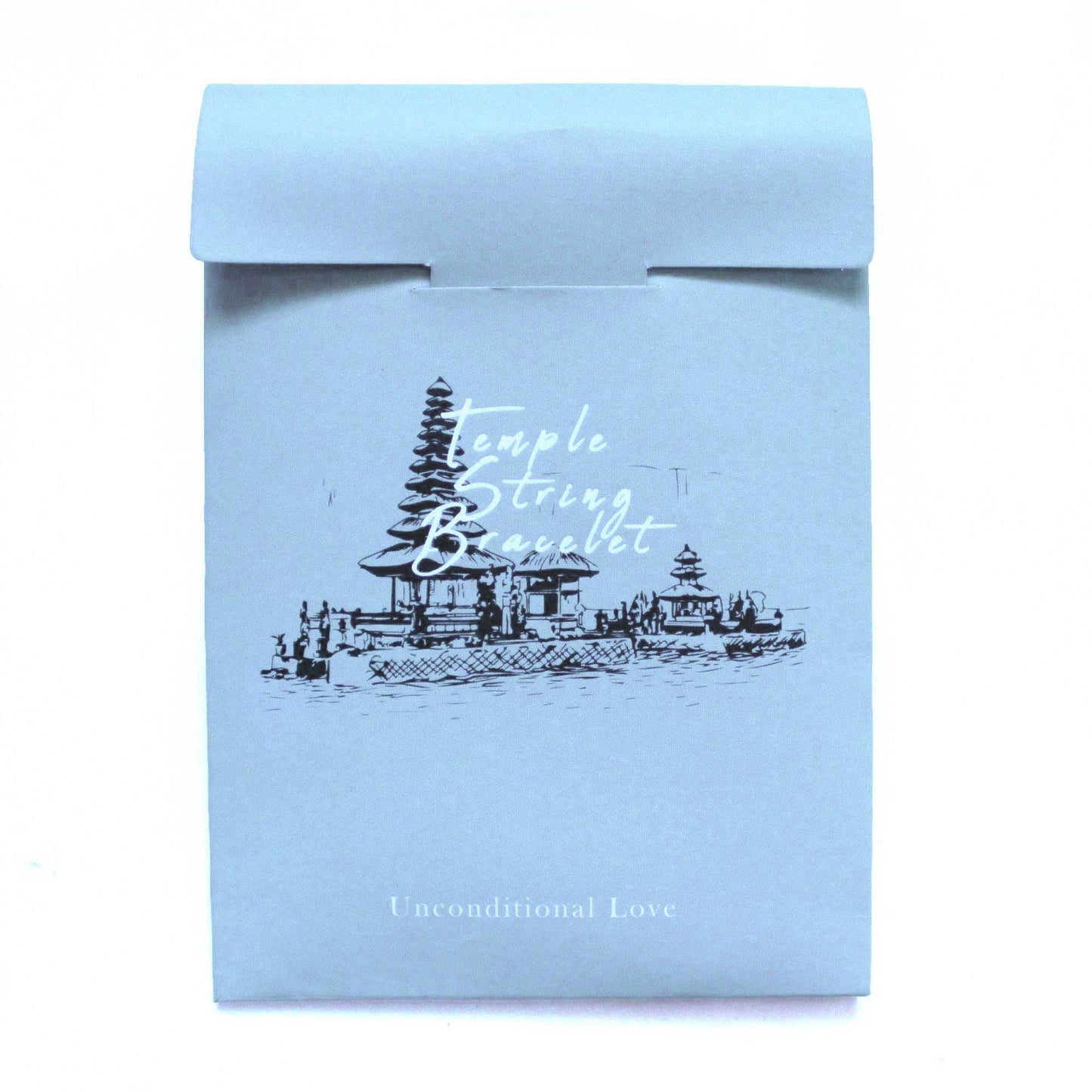 Unconditional Love Temple String Bracelet – Red Heart packaging card with temple illustration and “Unconditional Love” text