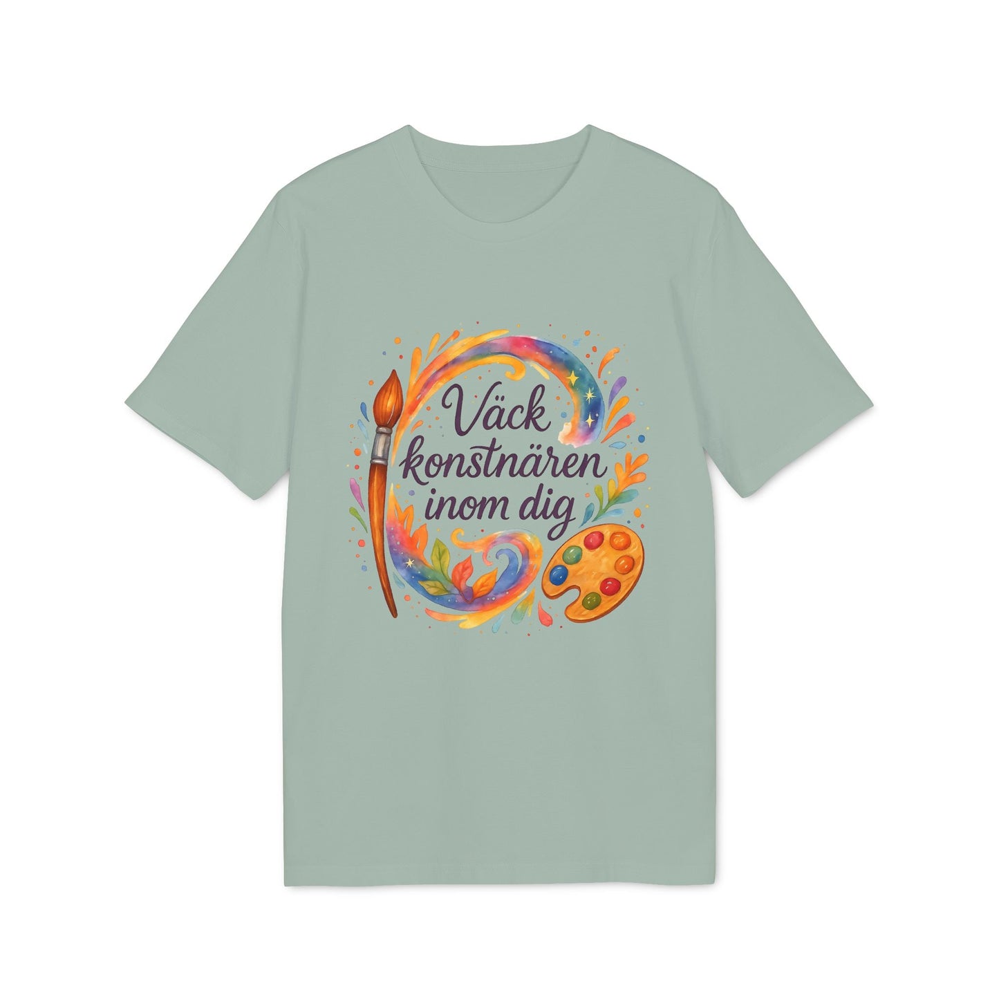 Väck Konstnären Inom Dig Waldorf Sustainable Unisex Tee med akvarellmotiv av pensel, färgstänk och målarpalett på grön t-shirt